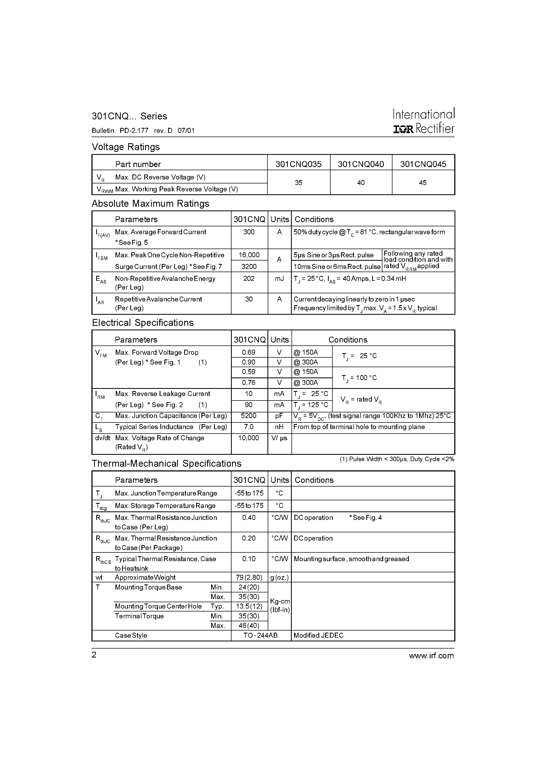 Datasheet 301CNQ035 page 2 Datasheet 301CNQ035 - SCHOTTKY RECTIFIER page 2