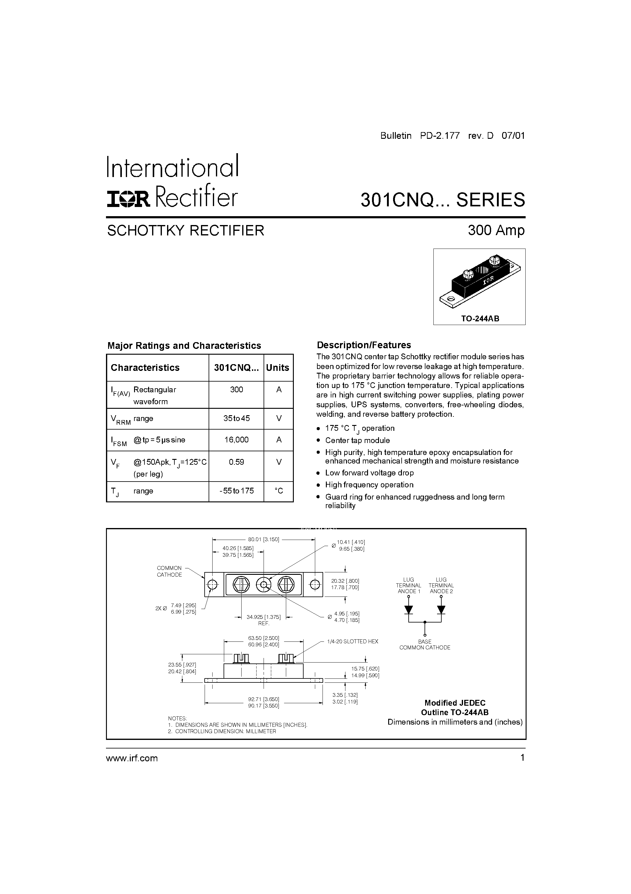 Datasheet 301CNQ040 page 1 Datasheet 301CNQ040 - SCHOTTKY RECTIFIER page 1