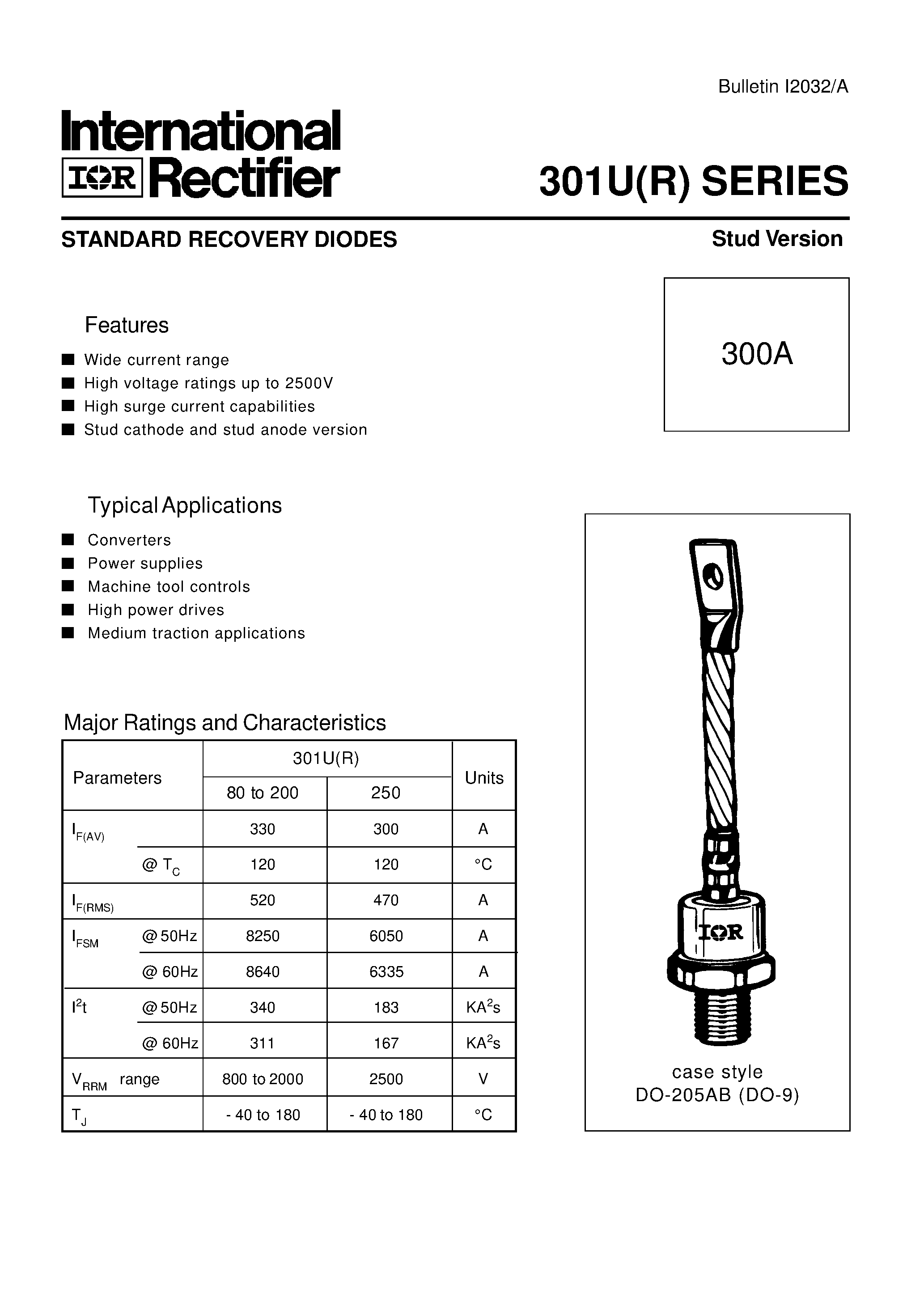 Даташит 301U250P3 - STANDARD RECOVERY DIODES страница 1
