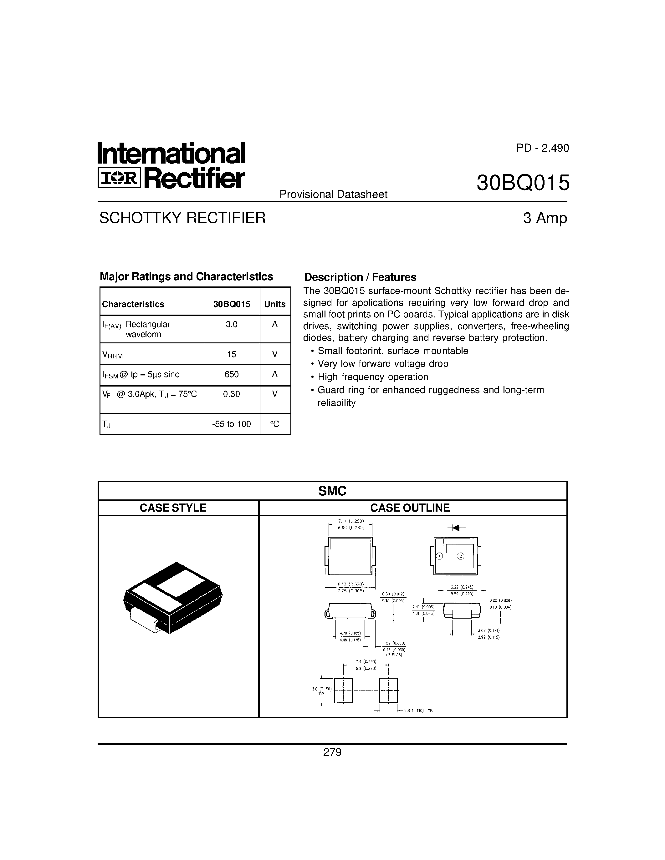 Datasheet 30BQ015 - SCHOTTKY RECTIFIER/ 3Amp page 1