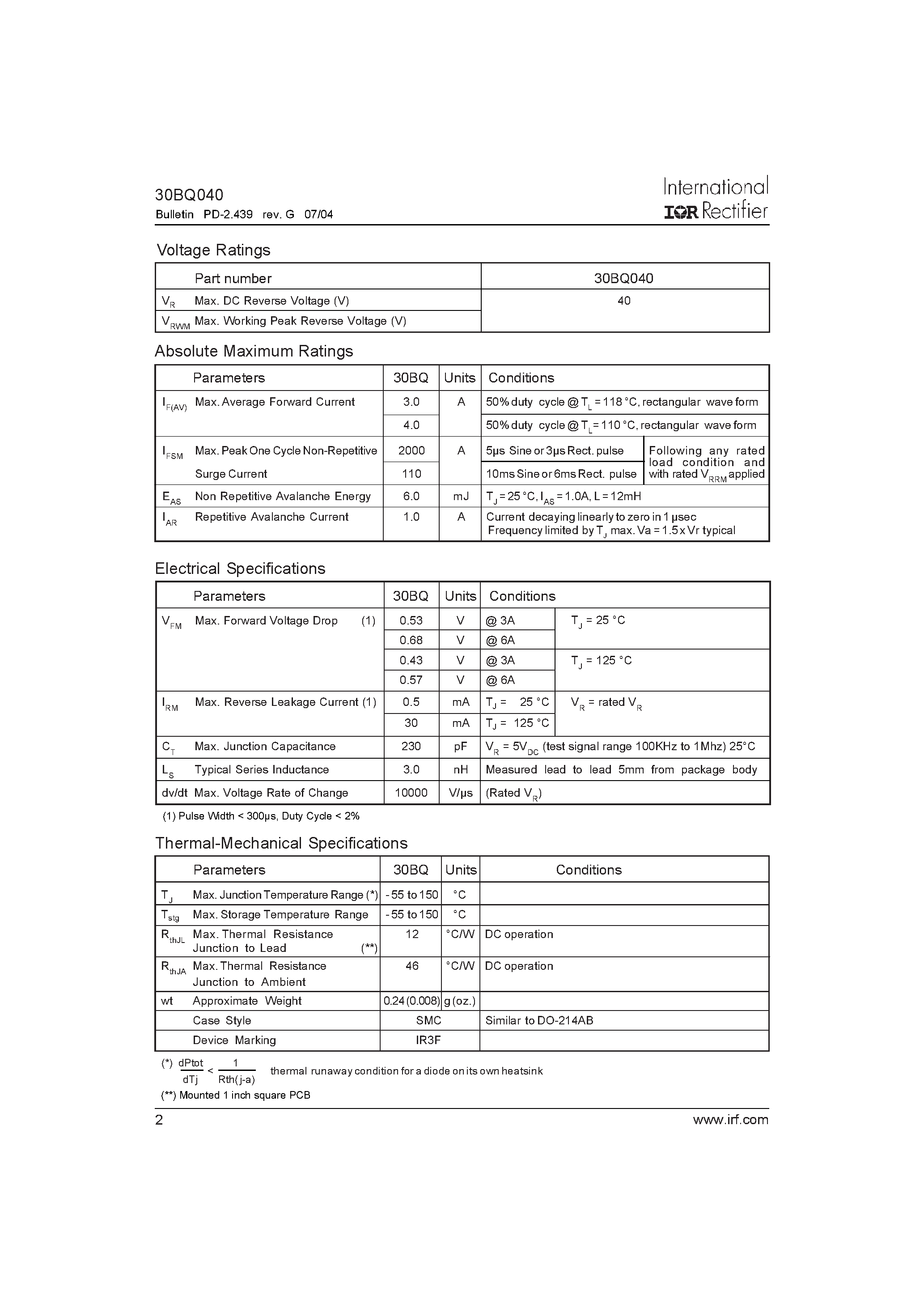 Datasheet 30BQ040PbF page 2 Datasheet 30BQ040PbF - SCHOTTKY RECTIFIER page 2