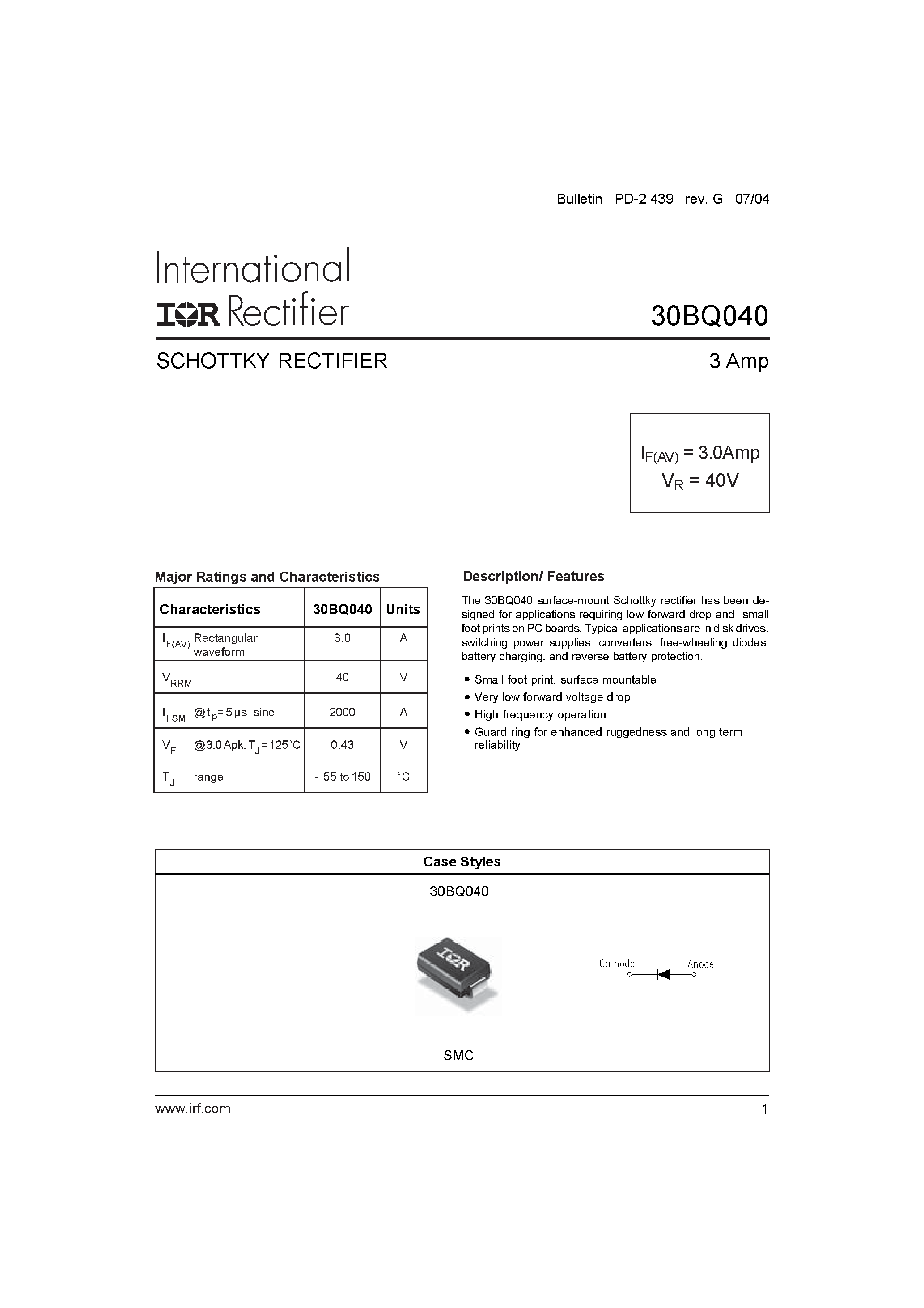 Datasheet 30BQ040TR page 1 Datasheet 30BQ040TR - SCHOTTKY RECTIFIER page 1
