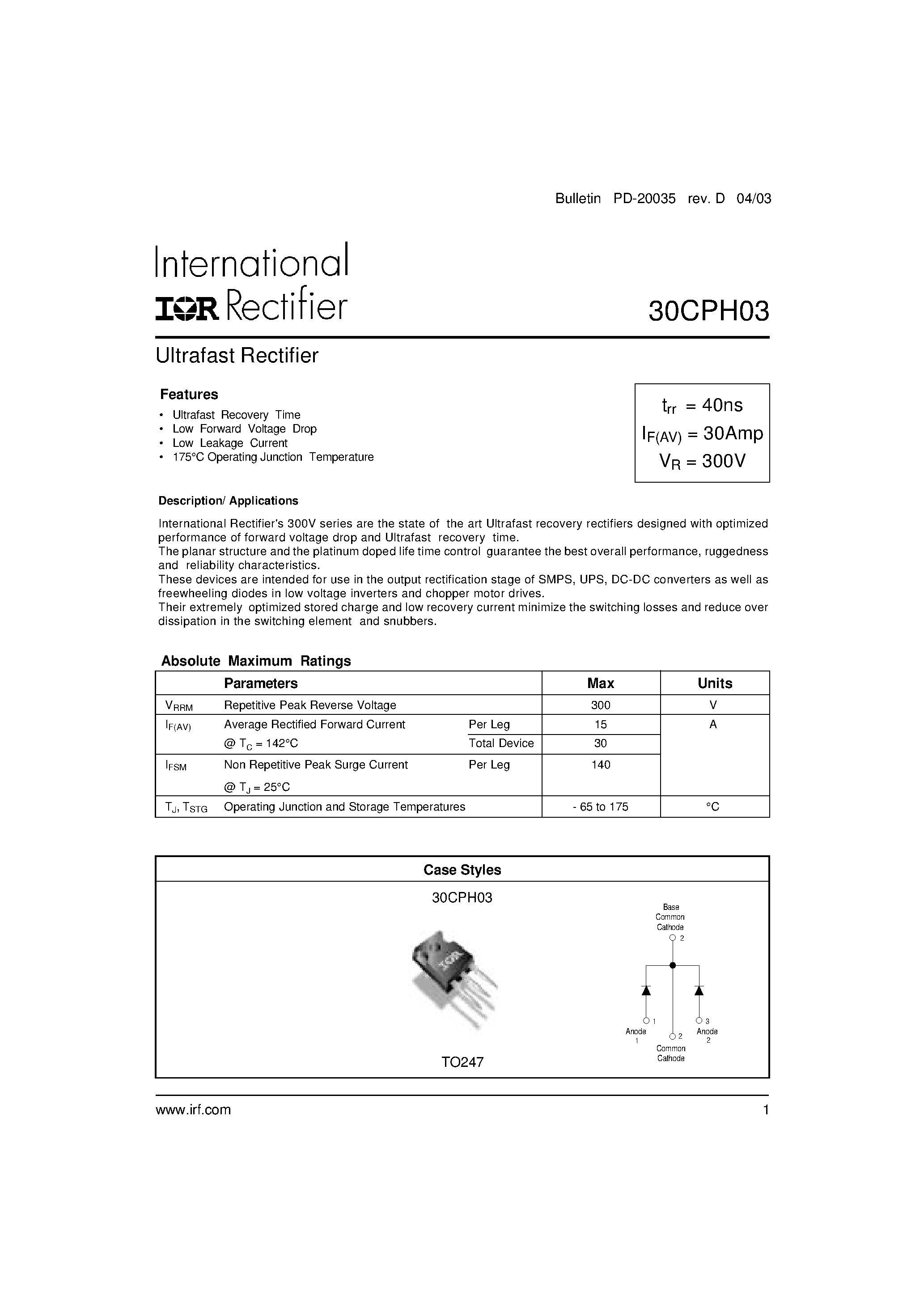 Datasheet 30CPH03 - Ultrafast Rectifier page 1