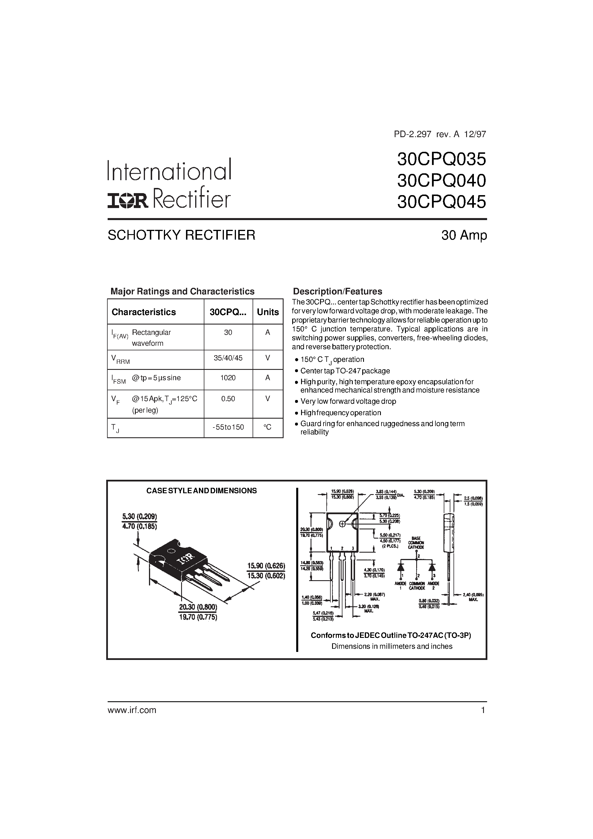 Datasheet 30CPQ035 - SCHOTTKY RECTIFIER page 1