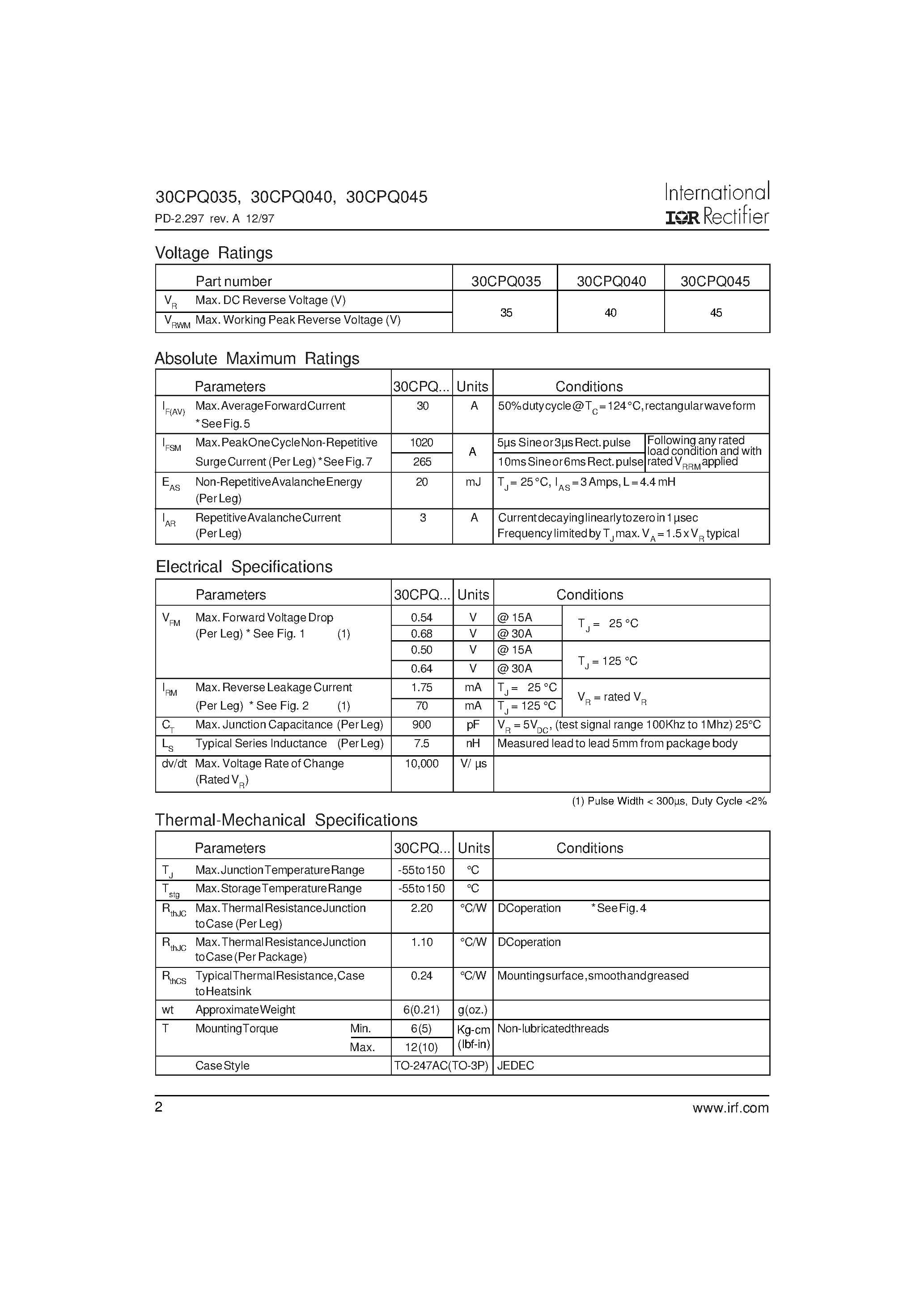 Datasheet 30CPQ035 - SCHOTTKY RECTIFIER page 2