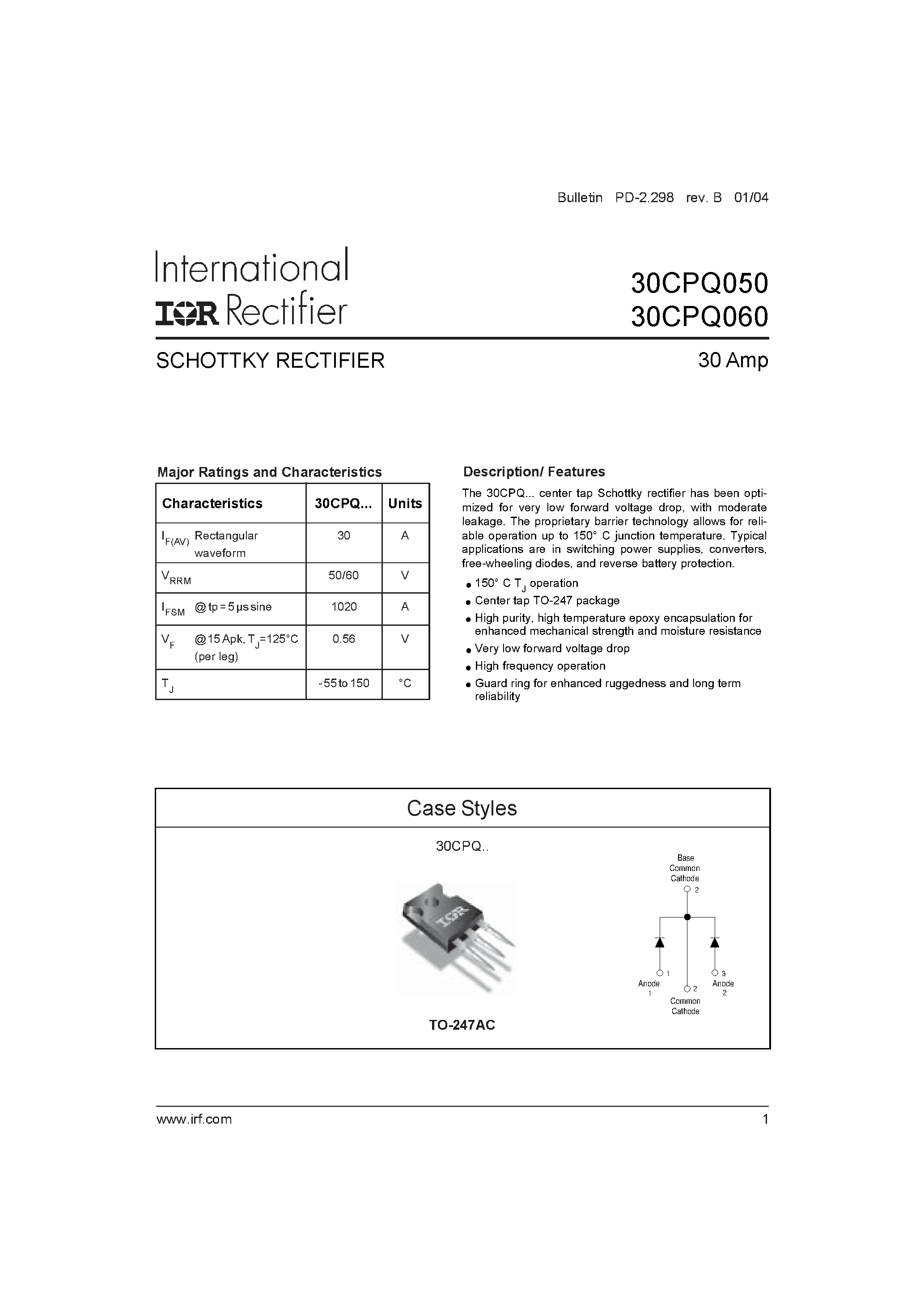 Datasheet 30CPQ060 page 1 Datasheet 30CPQ060 - SCHOTTKY RECTIFIER page 1