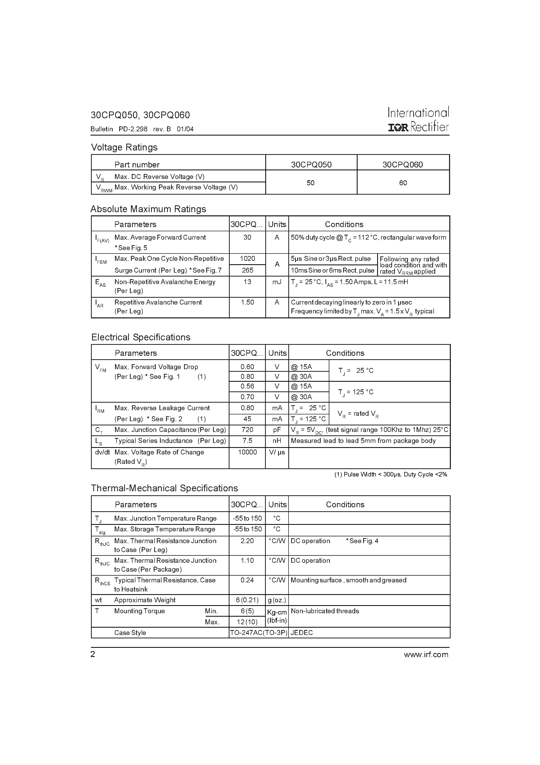 Datasheet 30CPQ060 page 2 Datasheet 30CPQ060 - SCHOTTKY RECTIFIER page 2