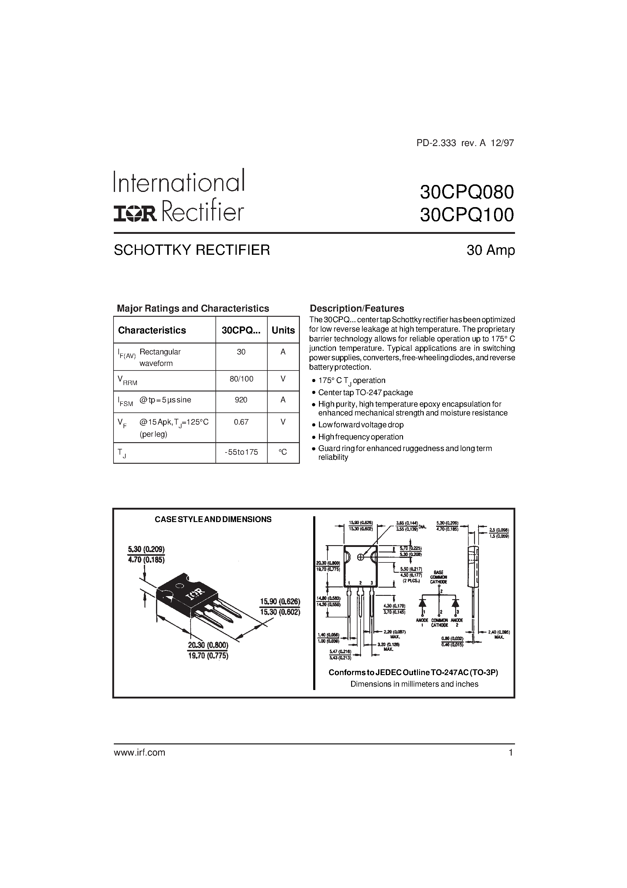 Datasheet 30CPQ100 page 1 Datasheet 30CPQ100 - SCHOTTKY RECTIFIER 30 Amp page 1