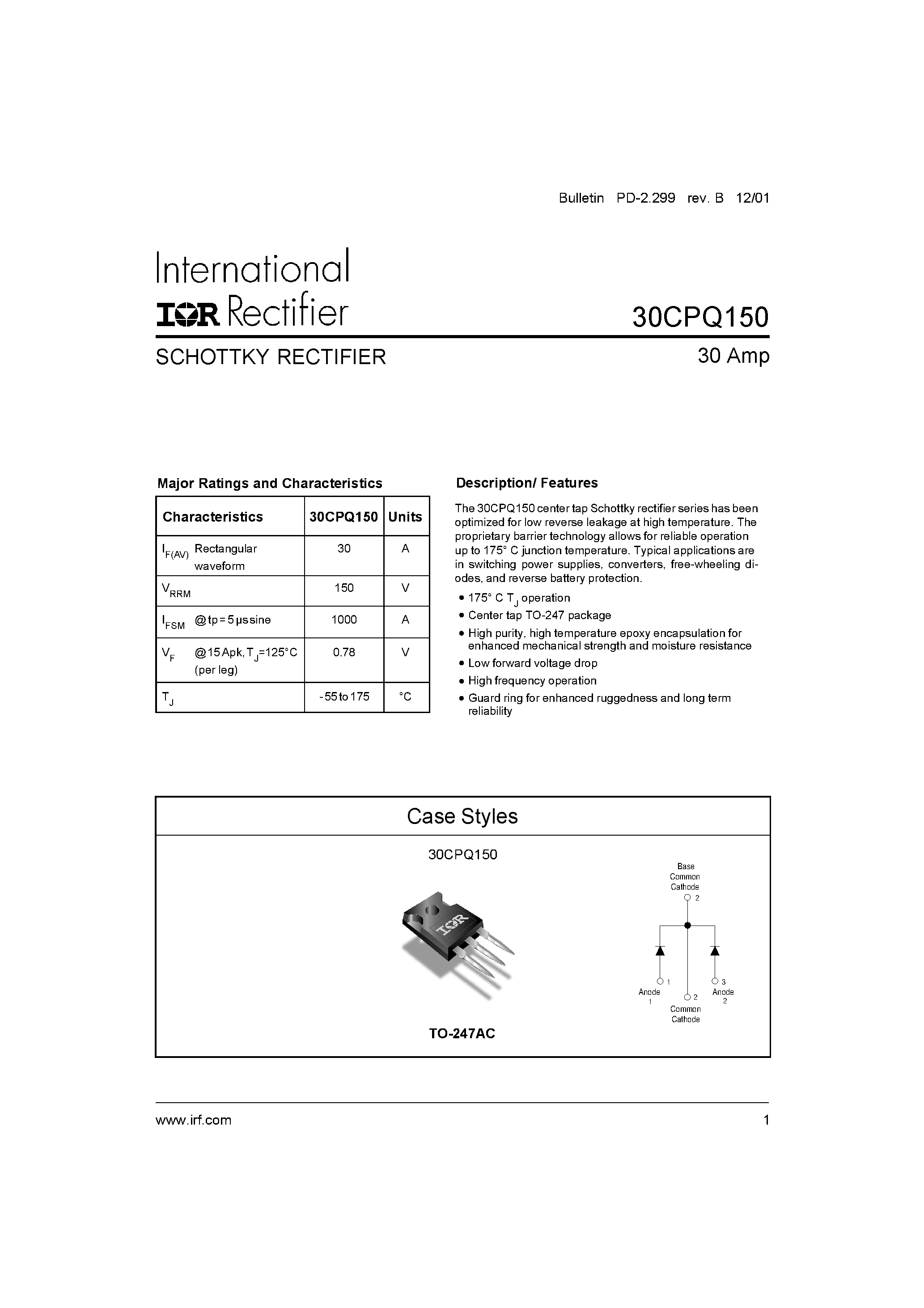 Datasheet 30CPQ150 page 1 Datasheet 30CPQ150 - SCHOTTKY RECTIFIER page 1