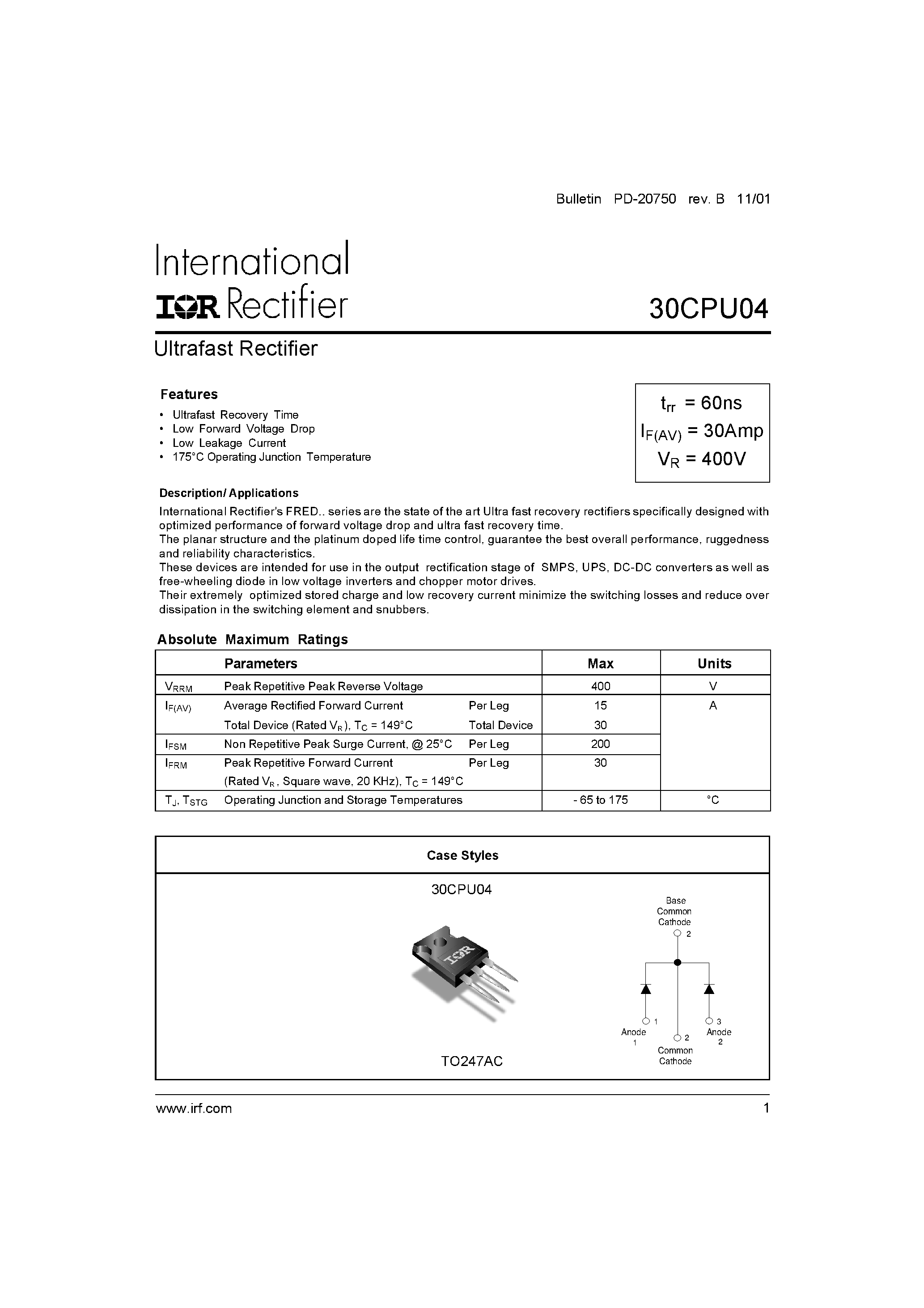Datasheet 30CPU04 page 1 Datasheet 30CPU04 - Ultrafast Rectifier page 1
