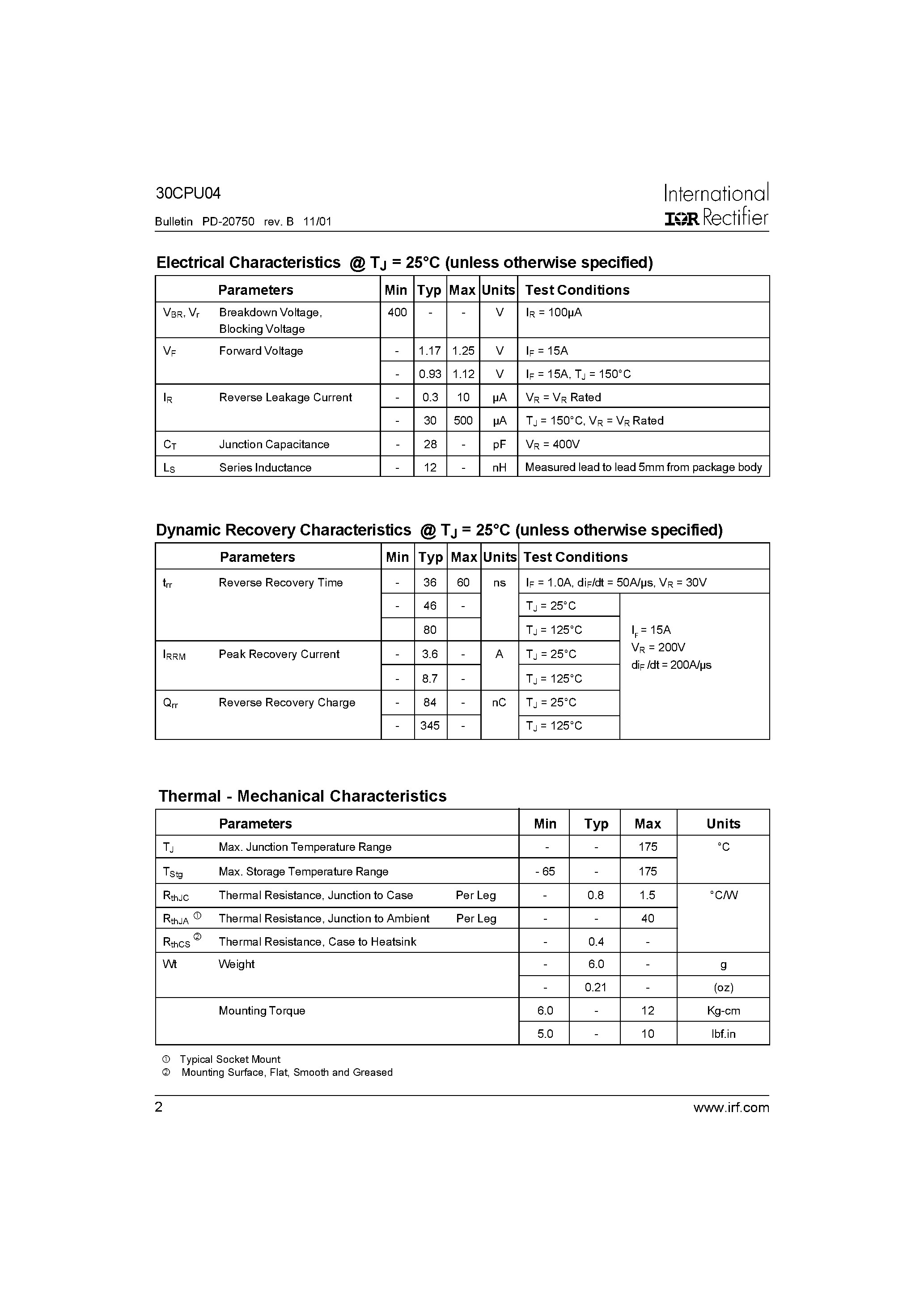 Datasheet 30CPU04 page 2 Datasheet 30CPU04 - Ultrafast Rectifier page 2