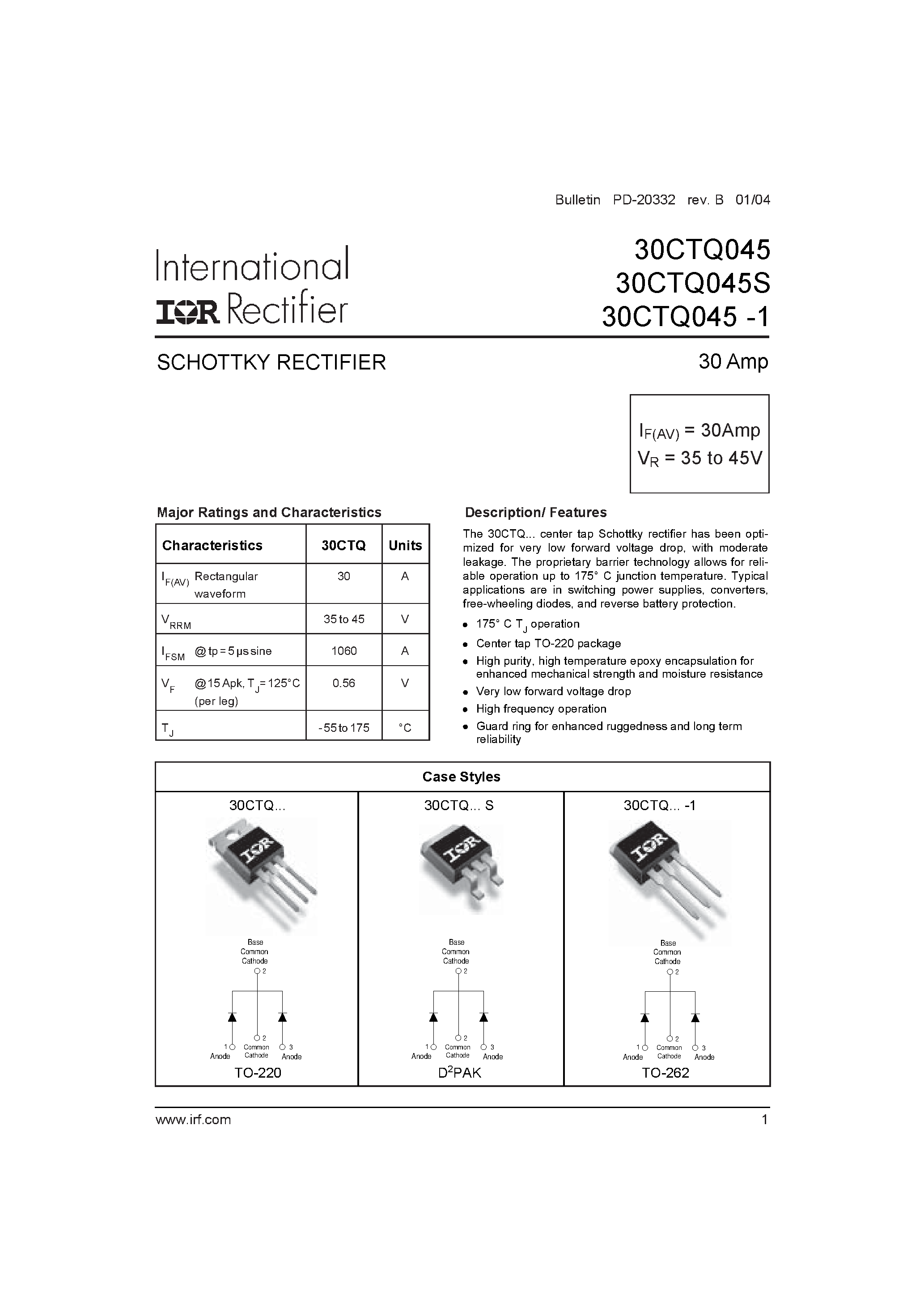 Datasheet 30CTQ035-1 - SCHOTTKY RECTIFIER page 1