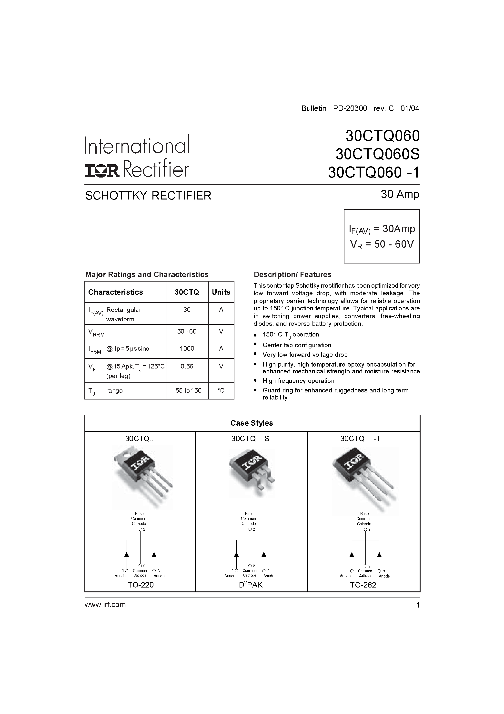 Datasheet 30CTQ060-1 page 1 Datasheet 30CTQ060-1 - SCHOTTKY RECTIFIER page 1