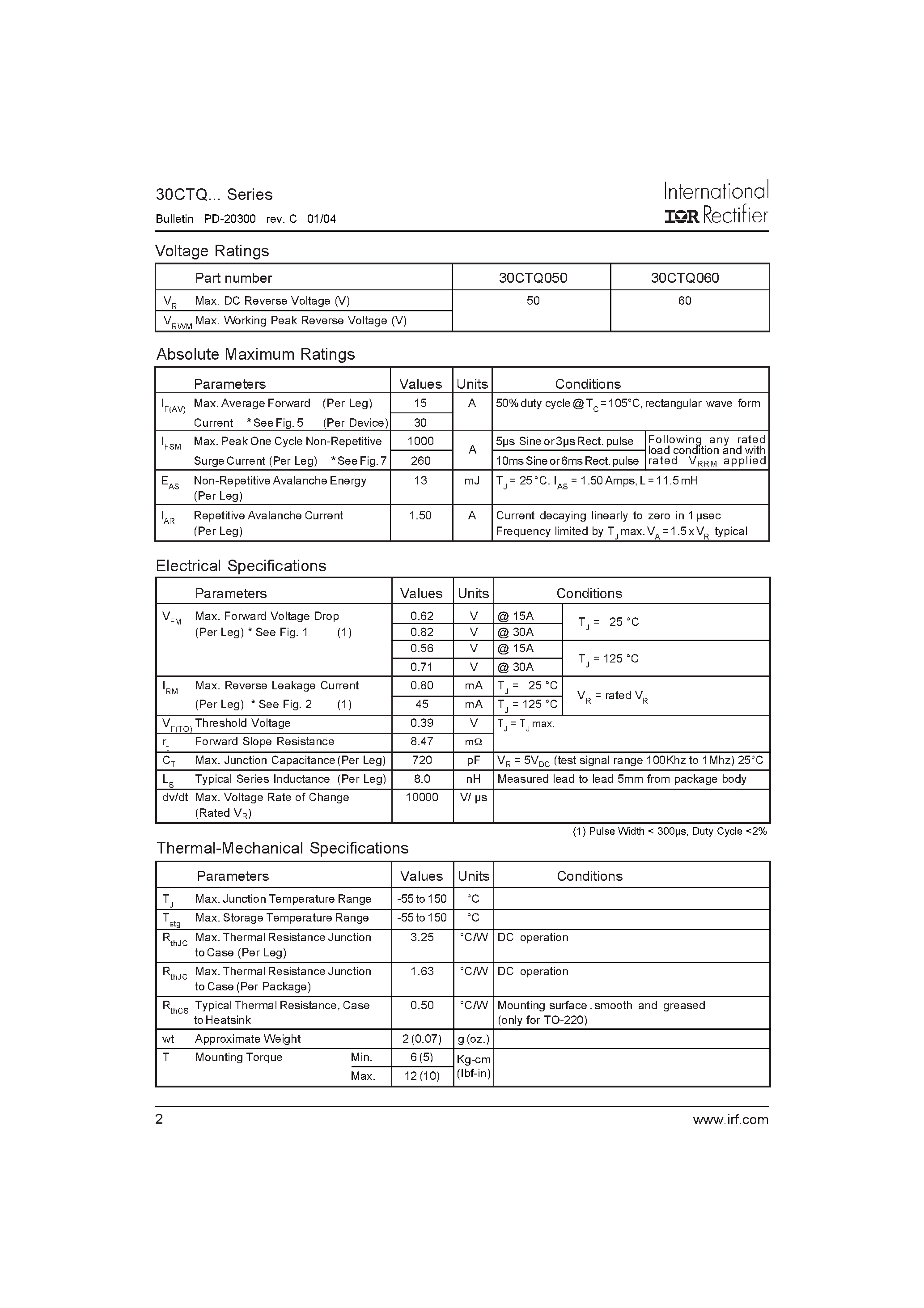 Datasheet 30CTQ060-1 page 2 Datasheet 30CTQ060-1 - SCHOTTKY RECTIFIER page 2