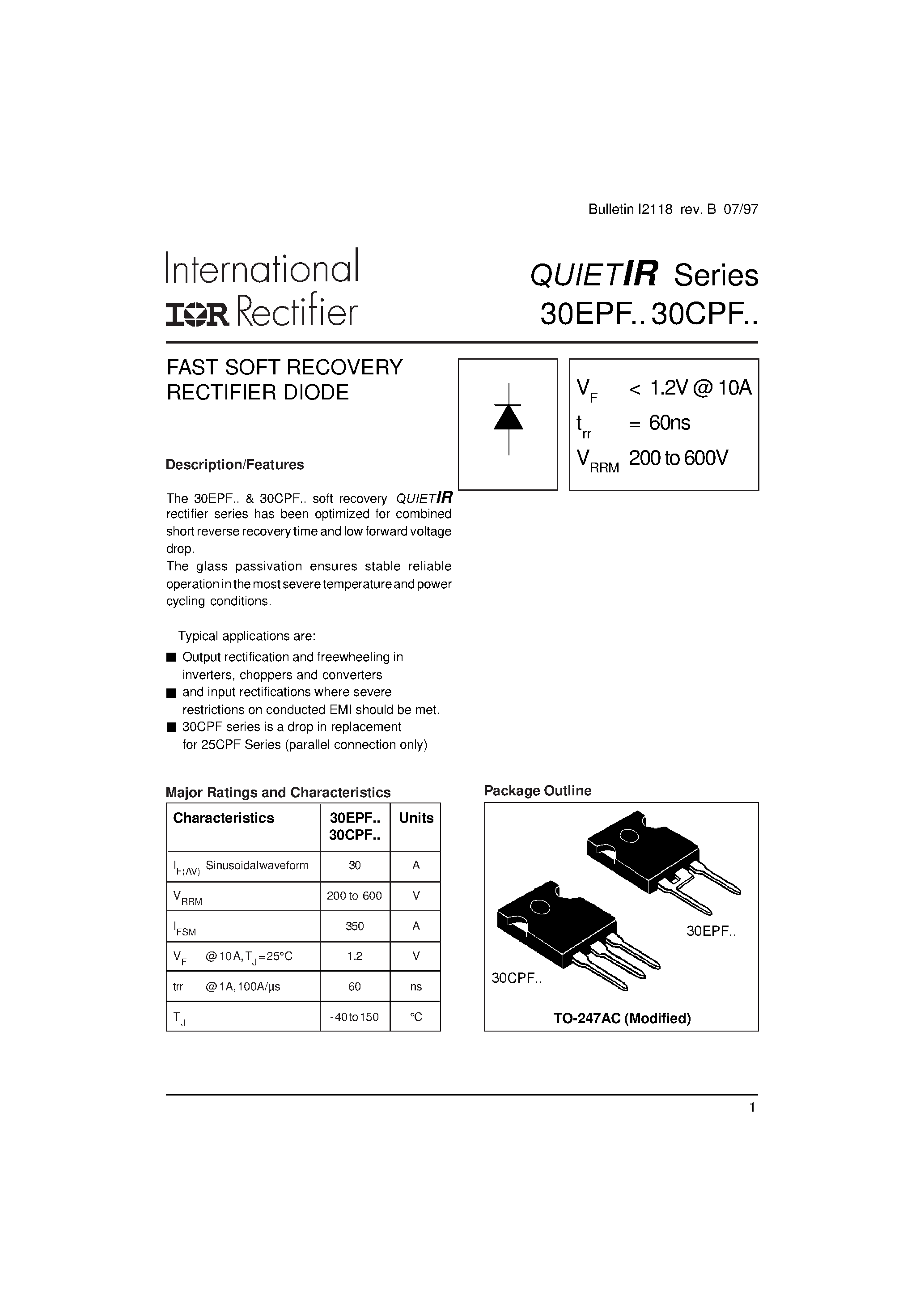 Datasheet 30EPF page 1 Datasheet 30EPF - FAST SOFT RECOVERY RECTIFIER DIODE page 1