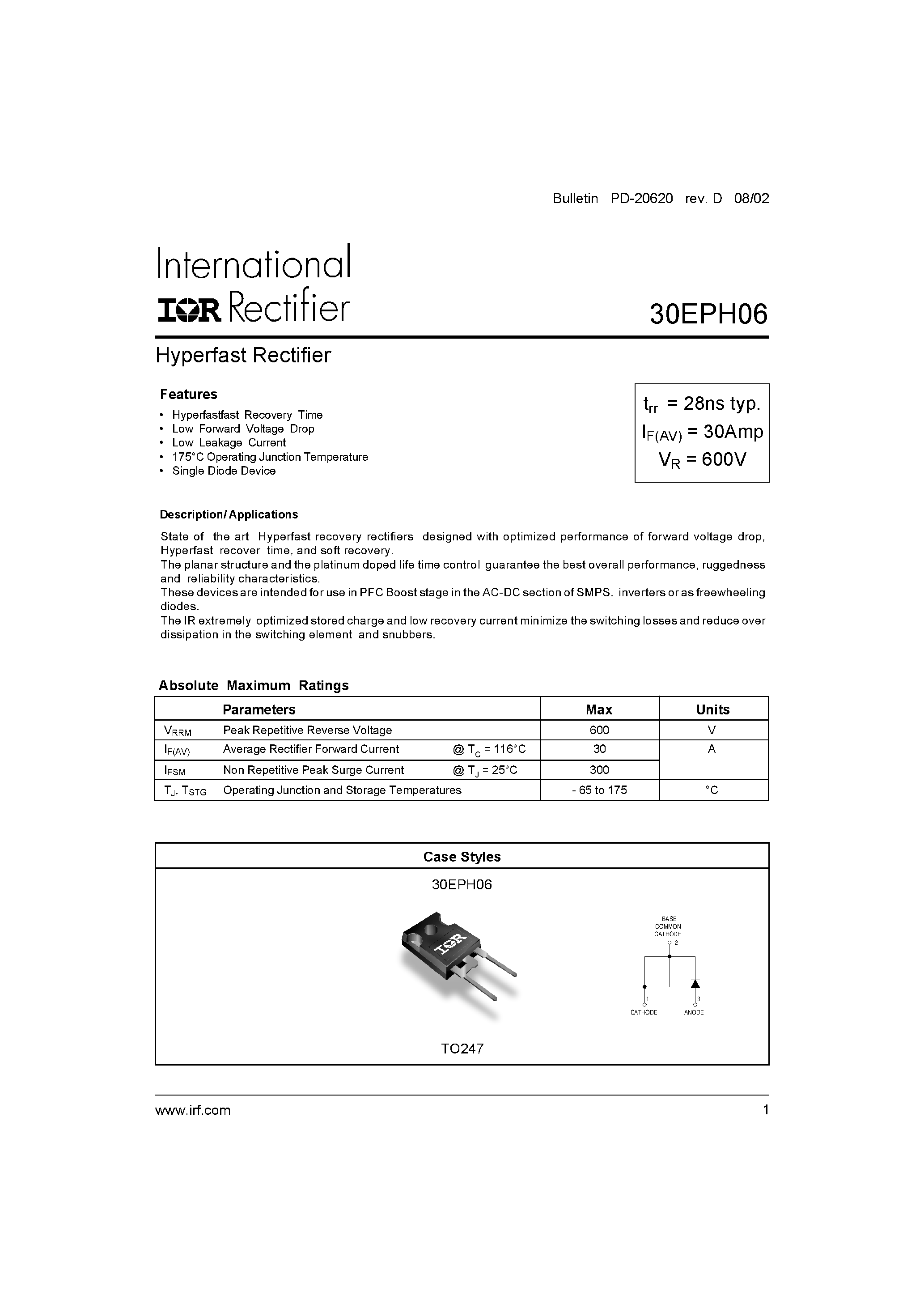 Datasheet 30EPH06 page 1 Datasheet 30EPH06 - Hyperfast Rectifier page 1