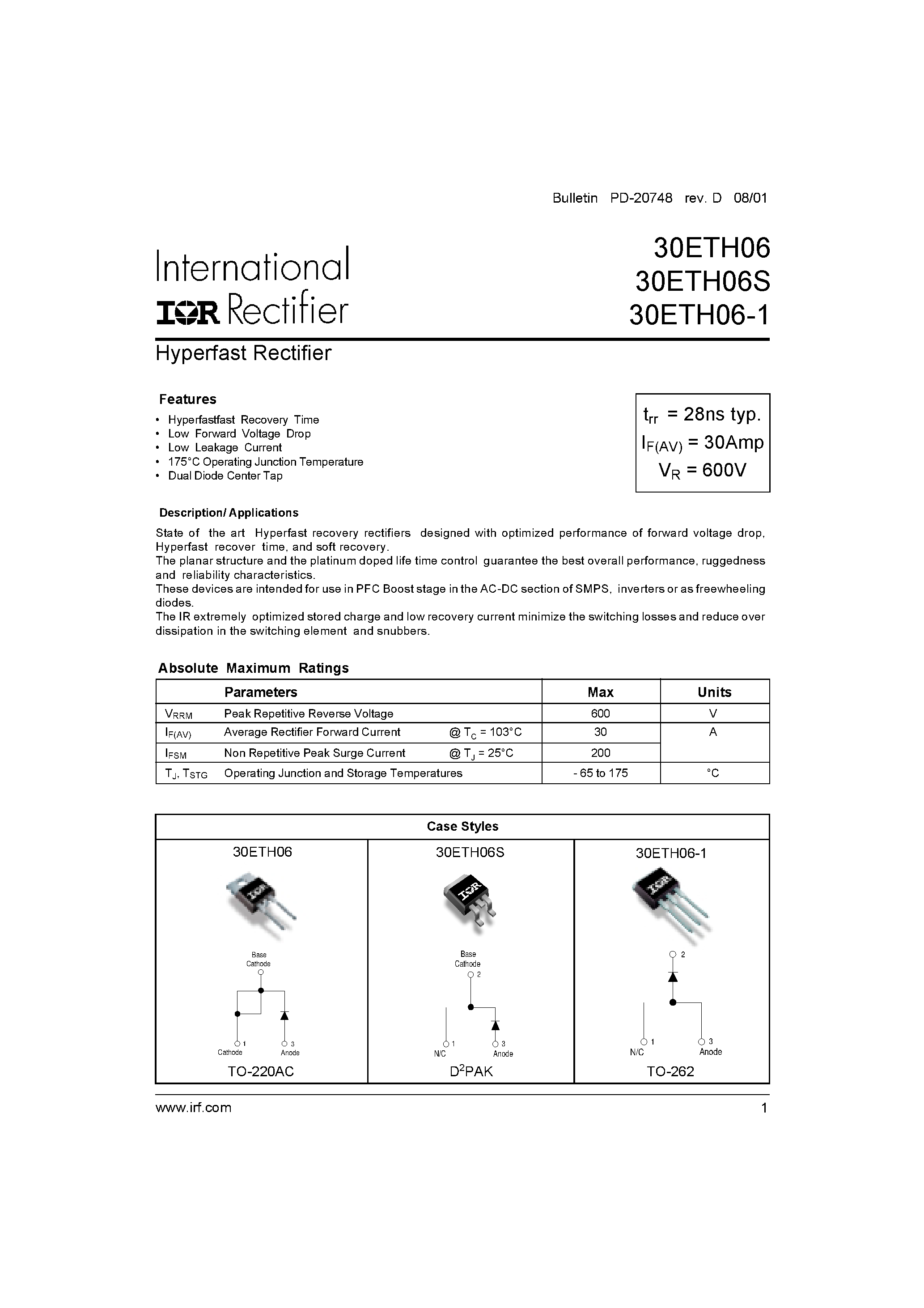 Datasheet 30ETH06-1 - Hyperfast Rectifier page 1