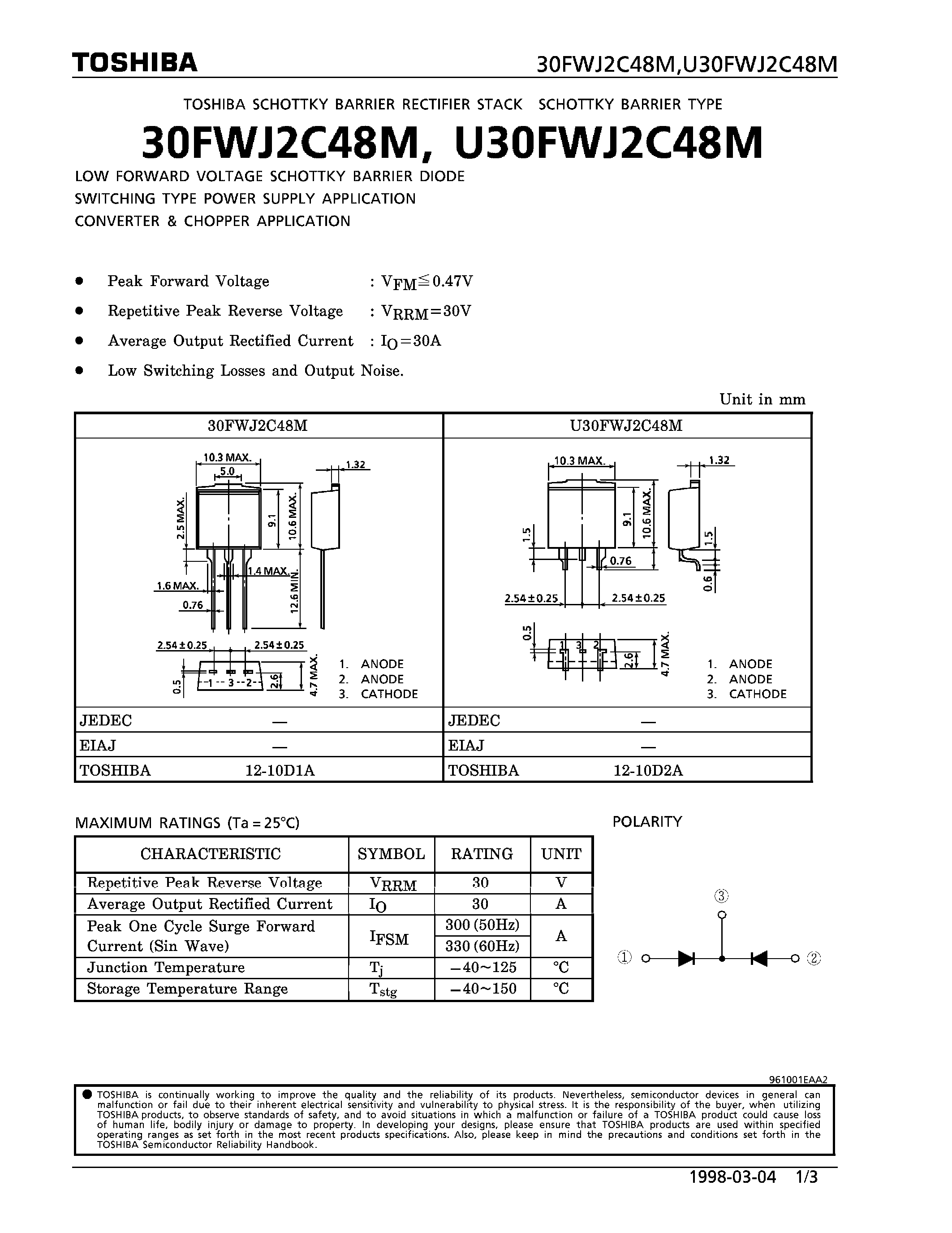 Datasheet 30FWJ2C48M - SCHOTTKY BARRIER TYPE (SOW FORWARD VOLTAGE SCHOTTKY BARRIER DIODE) page 1