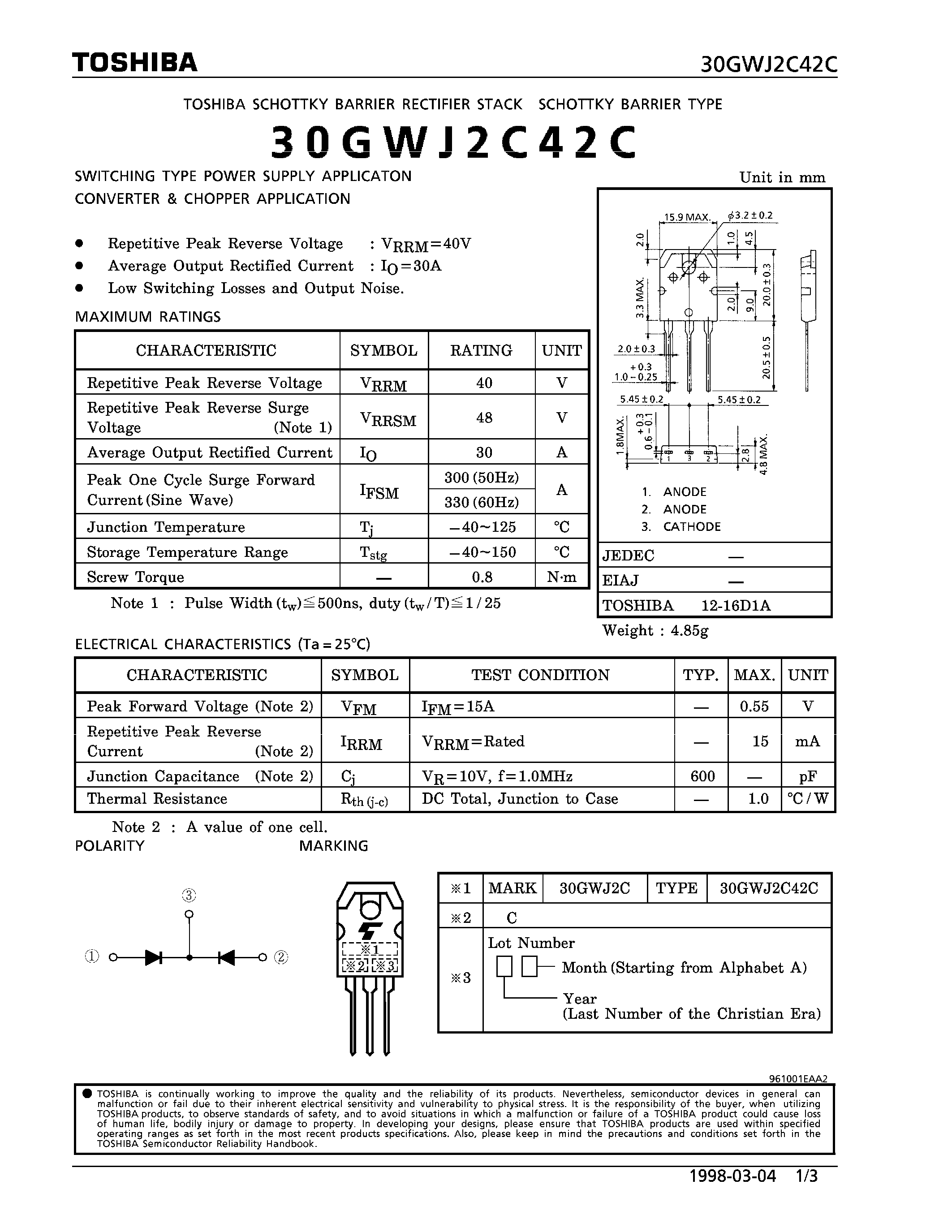 Даташит на микросхему 30GWJ2C42C страница 1 Даташит 30GWJ2C42C - SCHOTTKY BARRIER TYPE (SWITCHING TYPE POWER SUPPLY CONVERTER & CHOPPER APPLICATIONS) страница 1