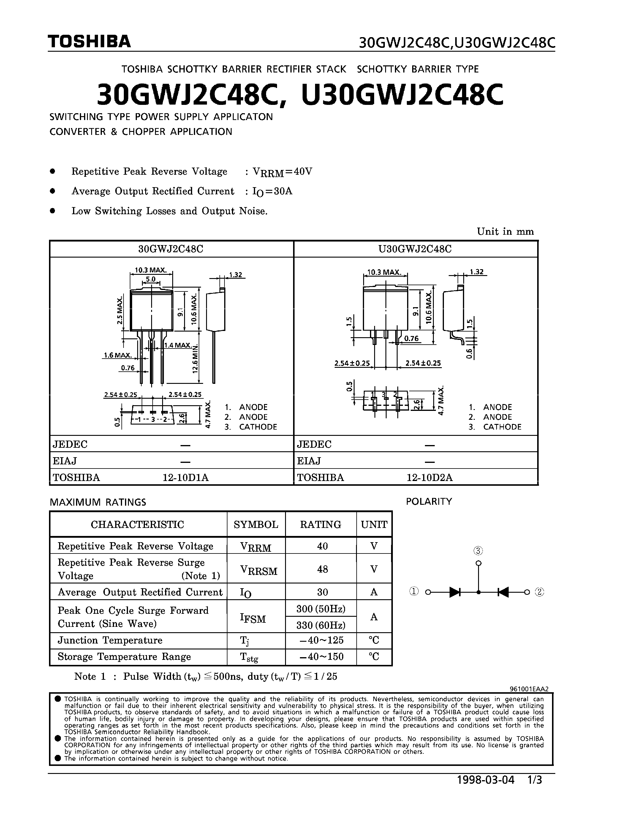 Даташит на микросхему 30GWJ2C48C страница 1 Даташит 30GWJ2C48C - SCHOTTKY BARRIER TYPE (SWITCHING TYPE POWER SUPPLY CONVERTER & CHOPPER APPLICATIONS) страница 1