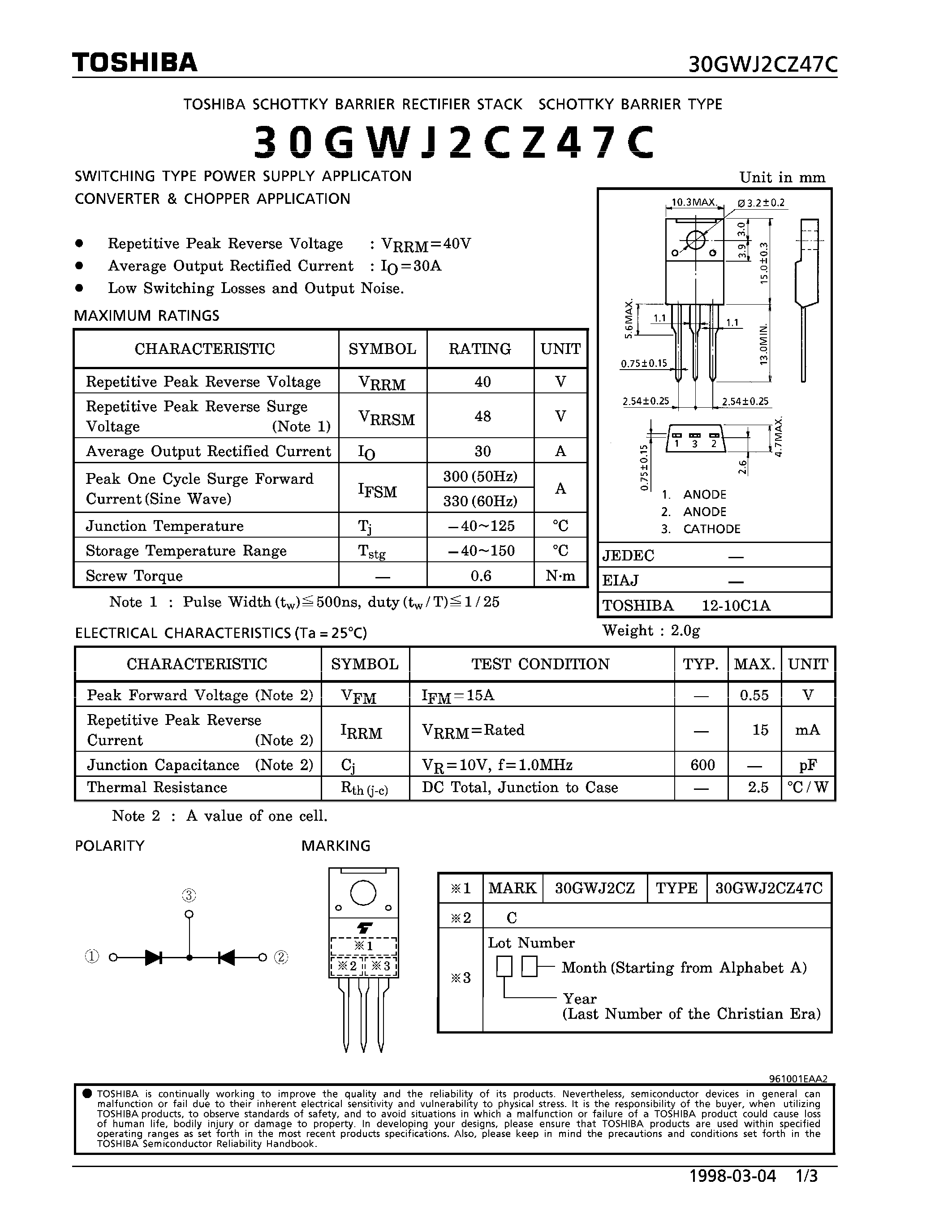 Даташит на микросхему 30GWJ2CZ47C страница 1 Даташит 30GWJ2CZ47C - SCHOTTKY BARRIER TYPE (SWITCHING TYPE POWER SUPPLY CONVERTER & CHOPPER APPLICATIONS) страница 1