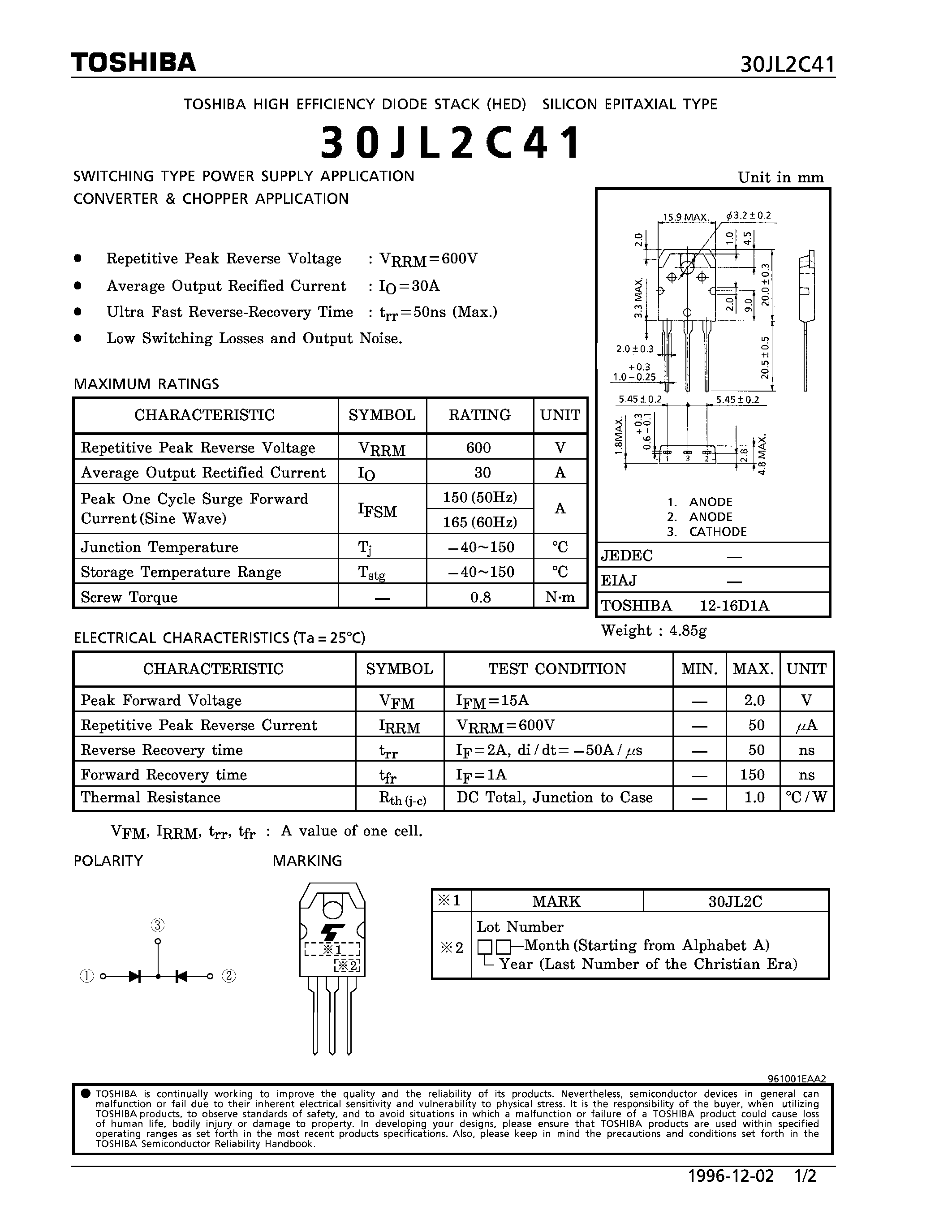 Даташит на микросхему 30JL2C41 страница 1 Даташит 30JL2C41 - SILICON EPITAXIAL TYPE (SWITCHING TYPE POWER SUPPLY CONVERTER & CHOPPER APPLICATIONS) страница 1