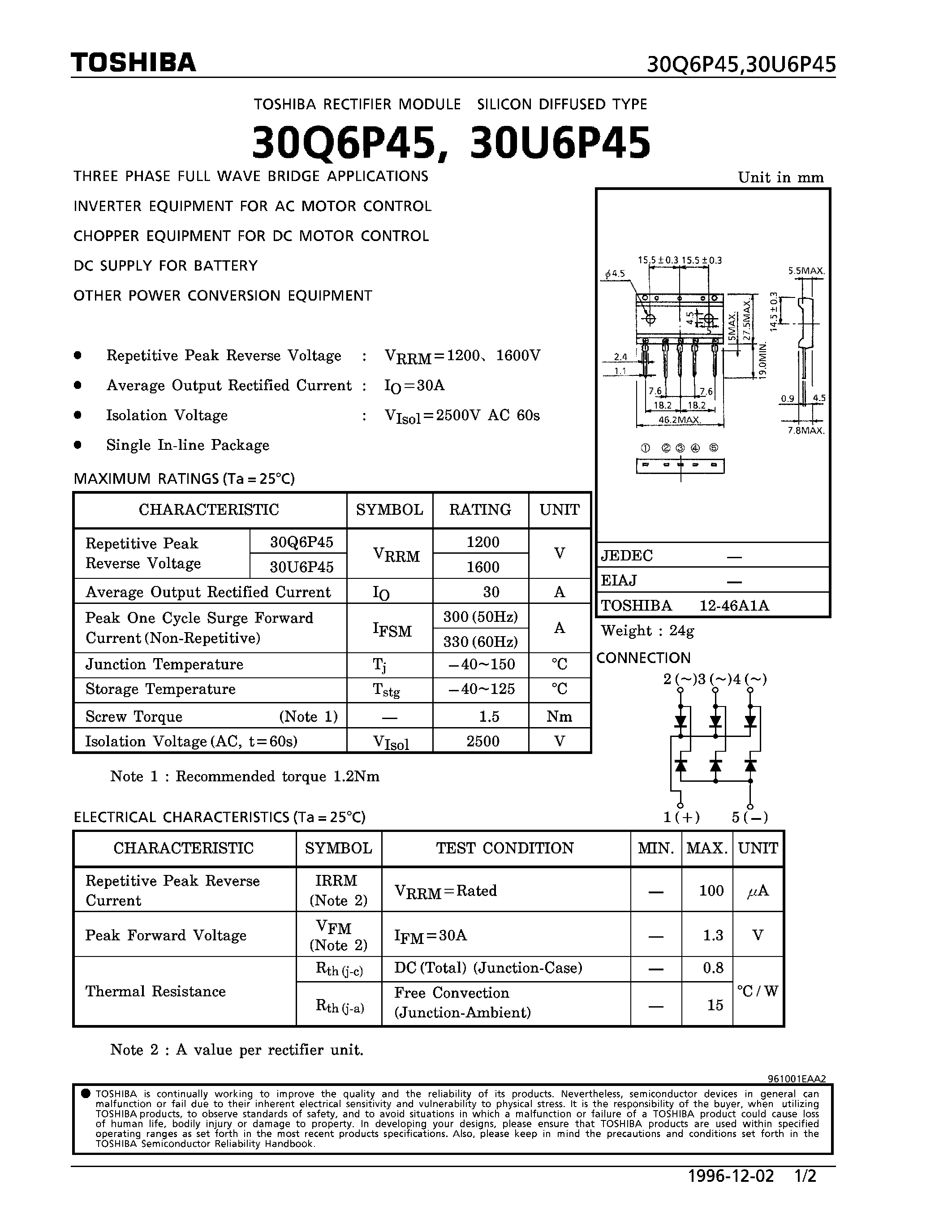 Datasheet 30Q6P45 page 1 Datasheet 30Q6P45 - RECTIFIER MODULE SILICON DIFFUSED TYPE ( THREE PHASE FULL WAVE BRIDGE APPLICATIONS) page 1