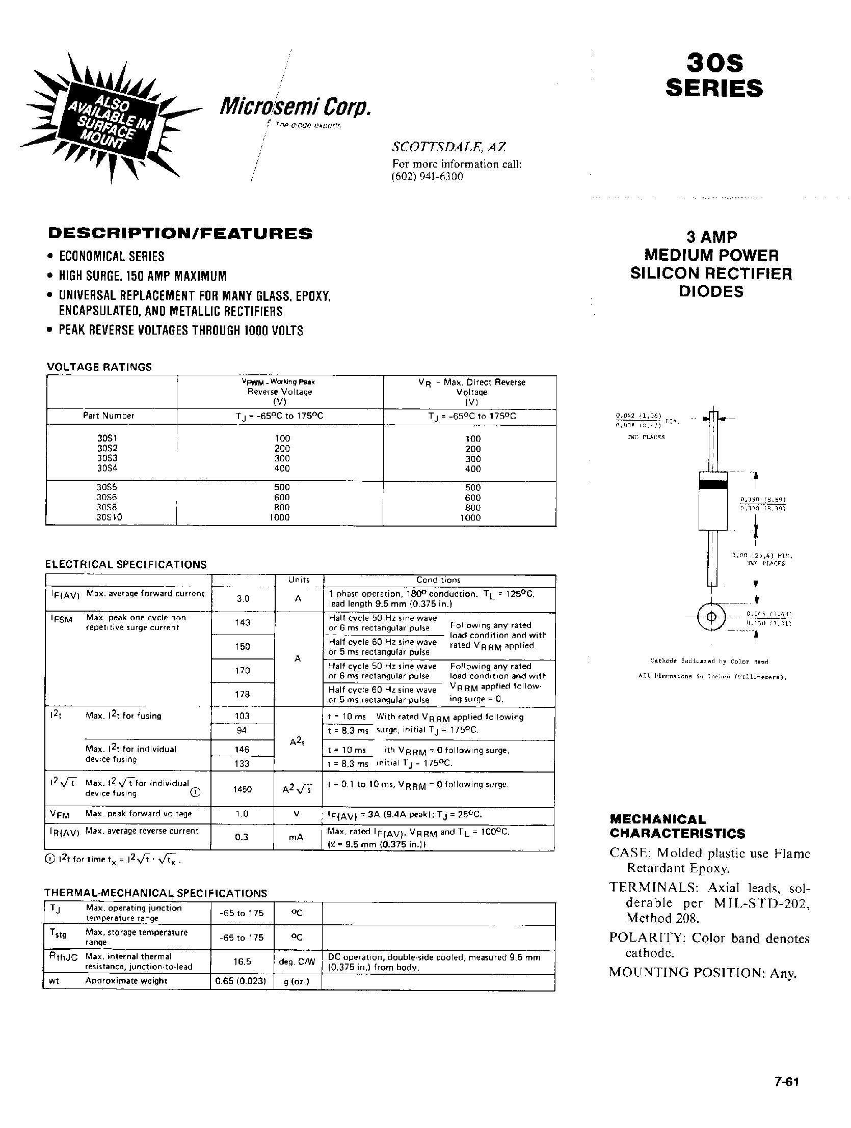 Datasheet 30S10 page 1 Datasheet 30S10 - 3 AMP MEDIUM POWER SILICON RECTIFIER DIODES page 1