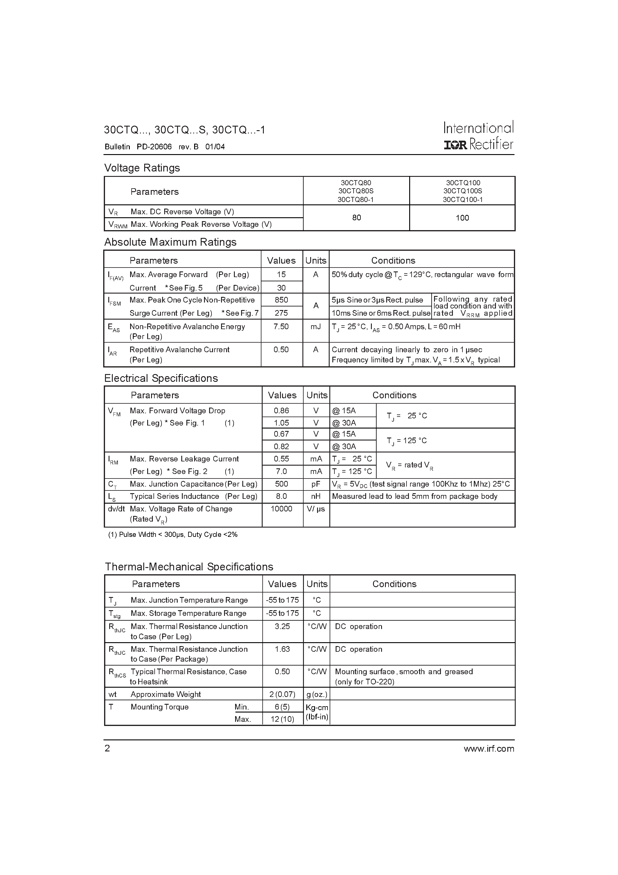 Datasheet 30TCQ100-1 - SCHOTTKY RECTIFIER page 2