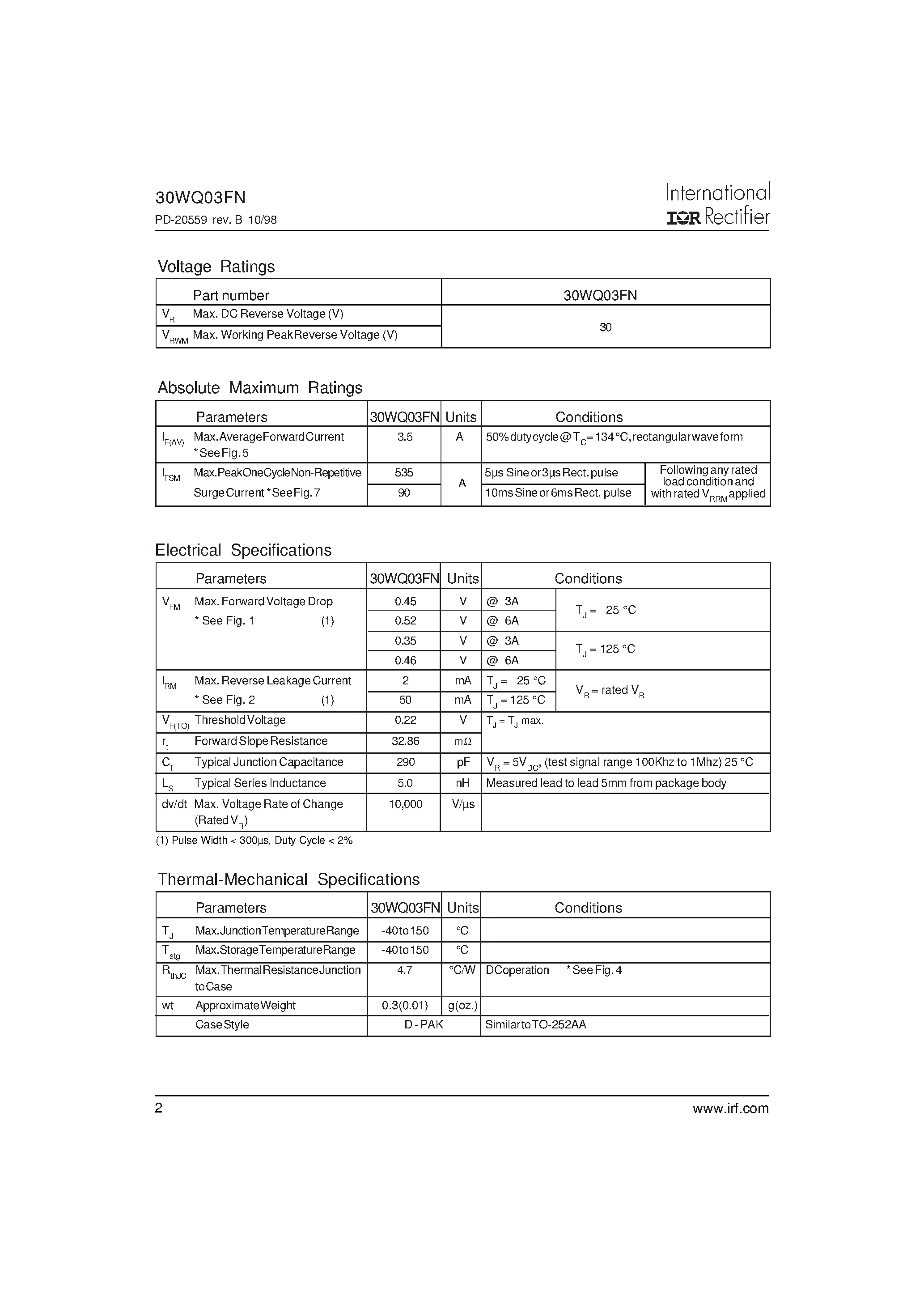 Datasheet 30WQ03F - SCHOTTKY RECTIFIER page 2