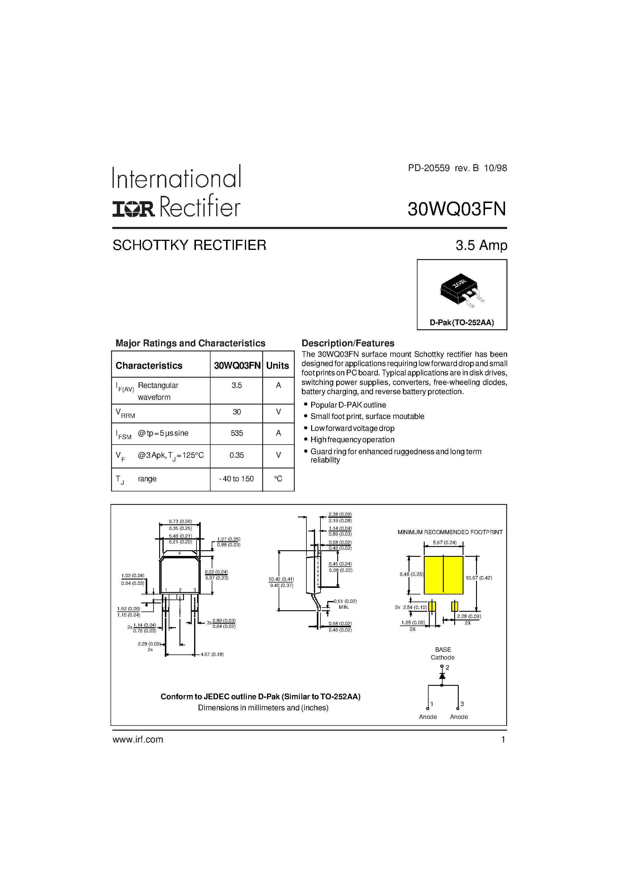 Datasheet 30WQ03FN page 1 Datasheet 30WQ03FN - SCHOTTKY RECTIFIER page 1