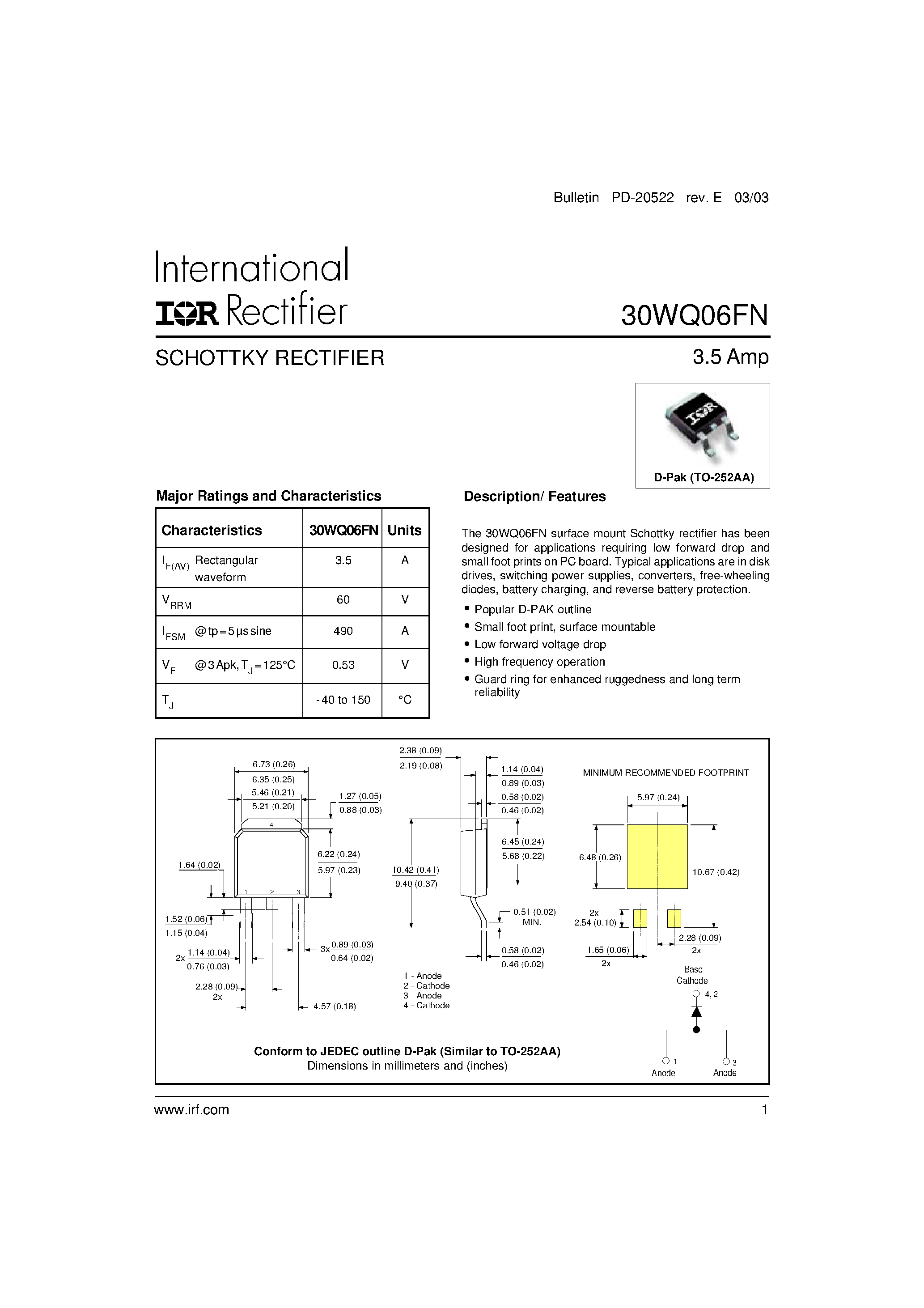 Datasheet 30WQ06FN page 1 Datasheet 30WQ06FN - SCHOTTKY RECTIFIER page 1
