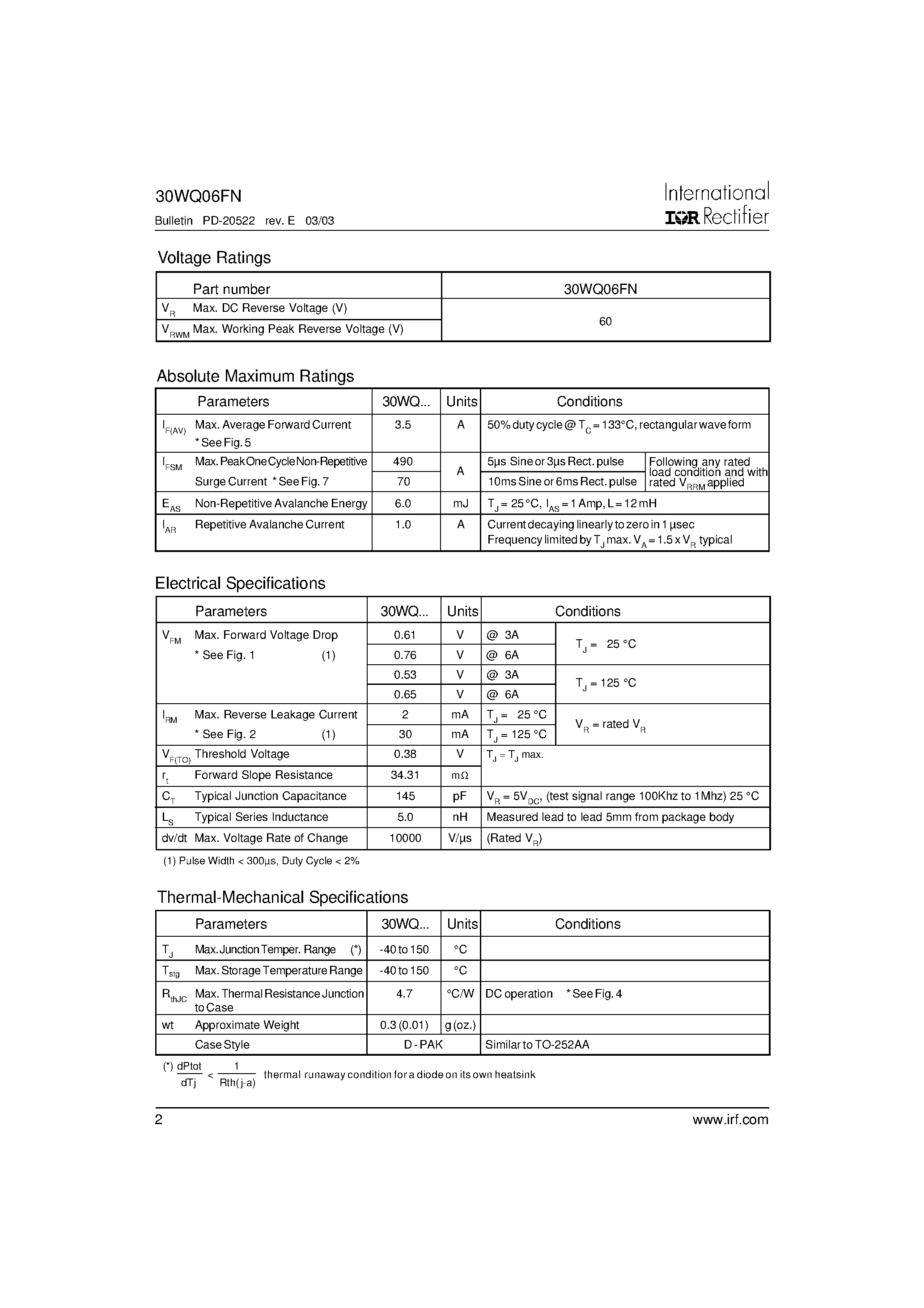 Datasheet 30WQ06FN page 2 Datasheet 30WQ06FN - SCHOTTKY RECTIFIER page 2