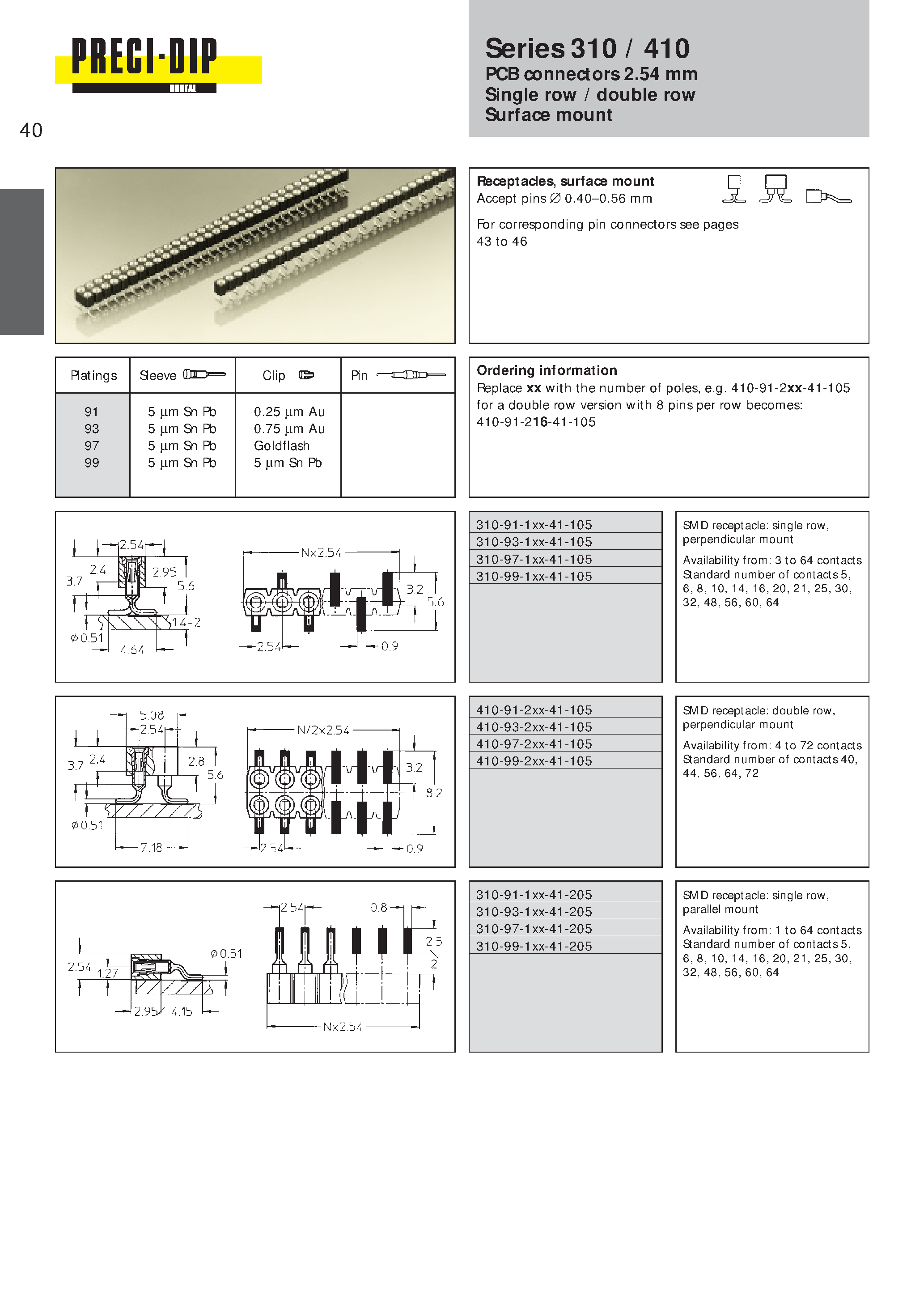 Datasheet 310-97-116-41-205 - PCB connectors 2.54 mm Single row / double row Surface mount page 1