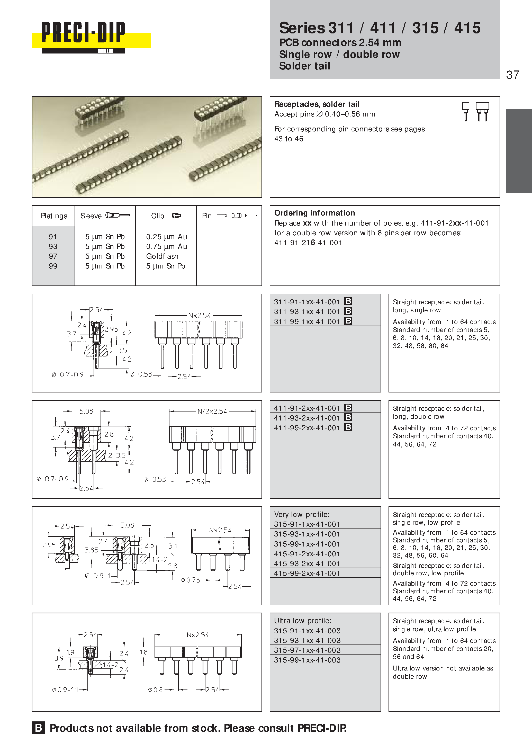 Datasheet 315-99-116-41-001 - PCB connectors 2.54 mm Single row / double row Solder tail page 1