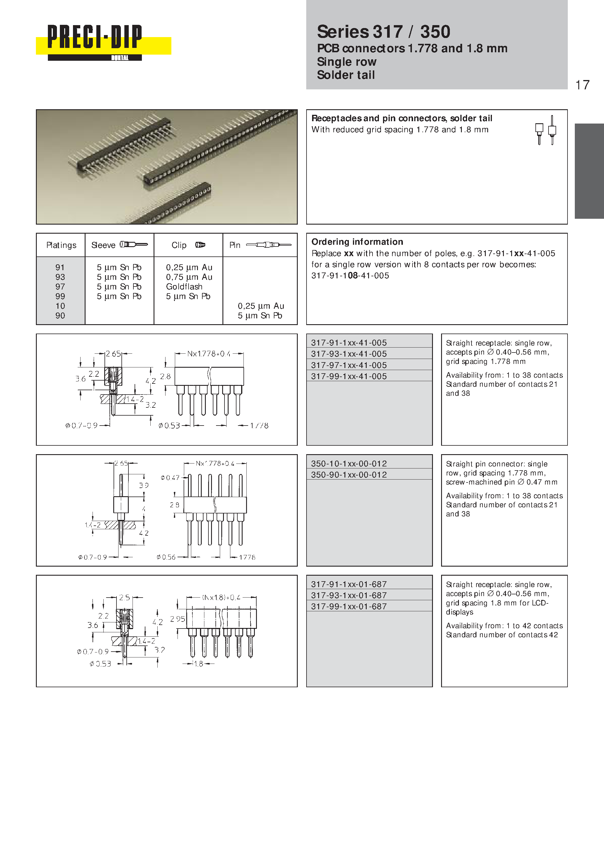 Datasheet 317-91-108-01-687 - PCB connectors 1.778 and 1.8 mm Single row Solder tail page 1