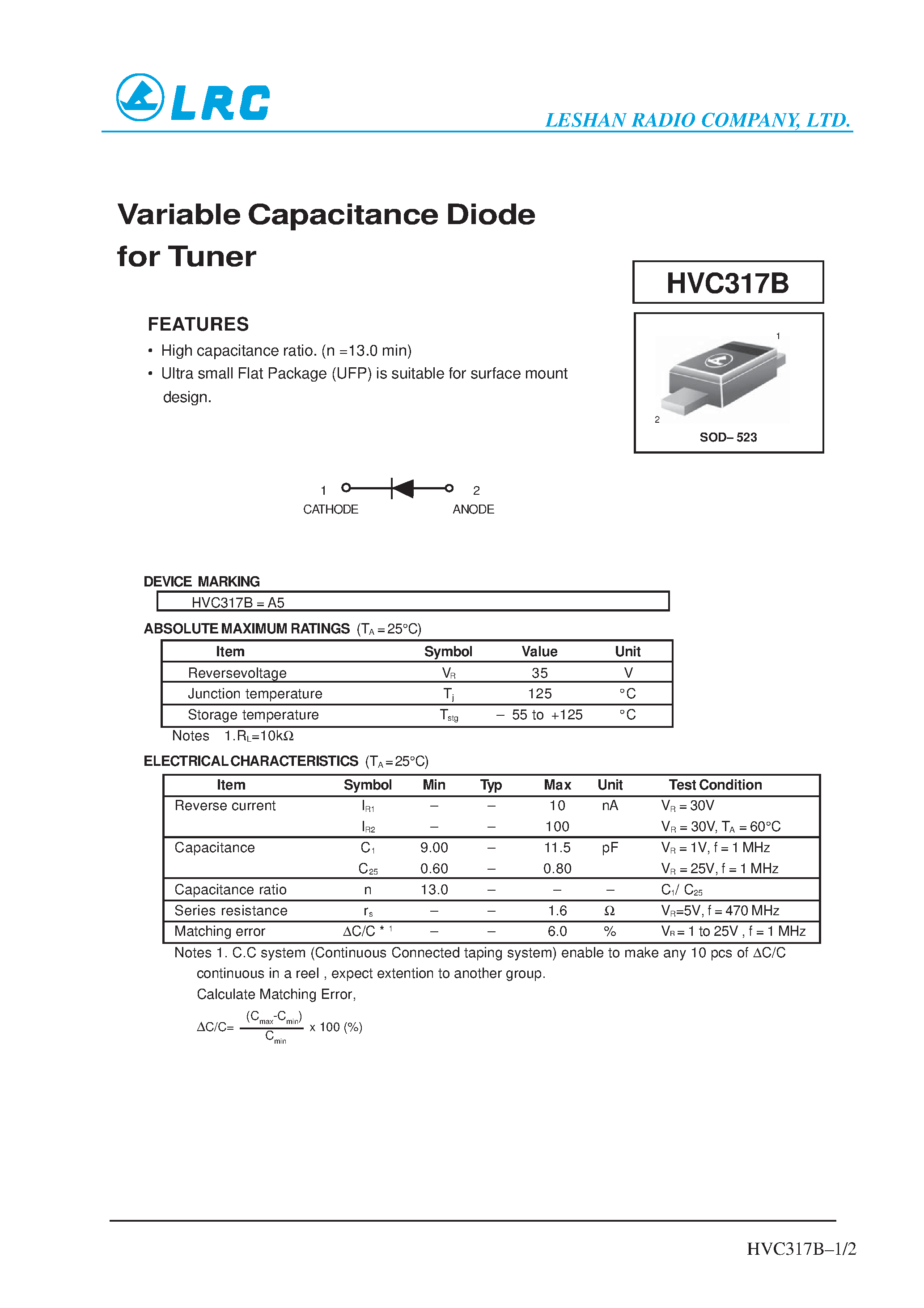 Datasheet 317B page 1 Datasheet 317B - Variable Capacitance Diode for Tuner page 1