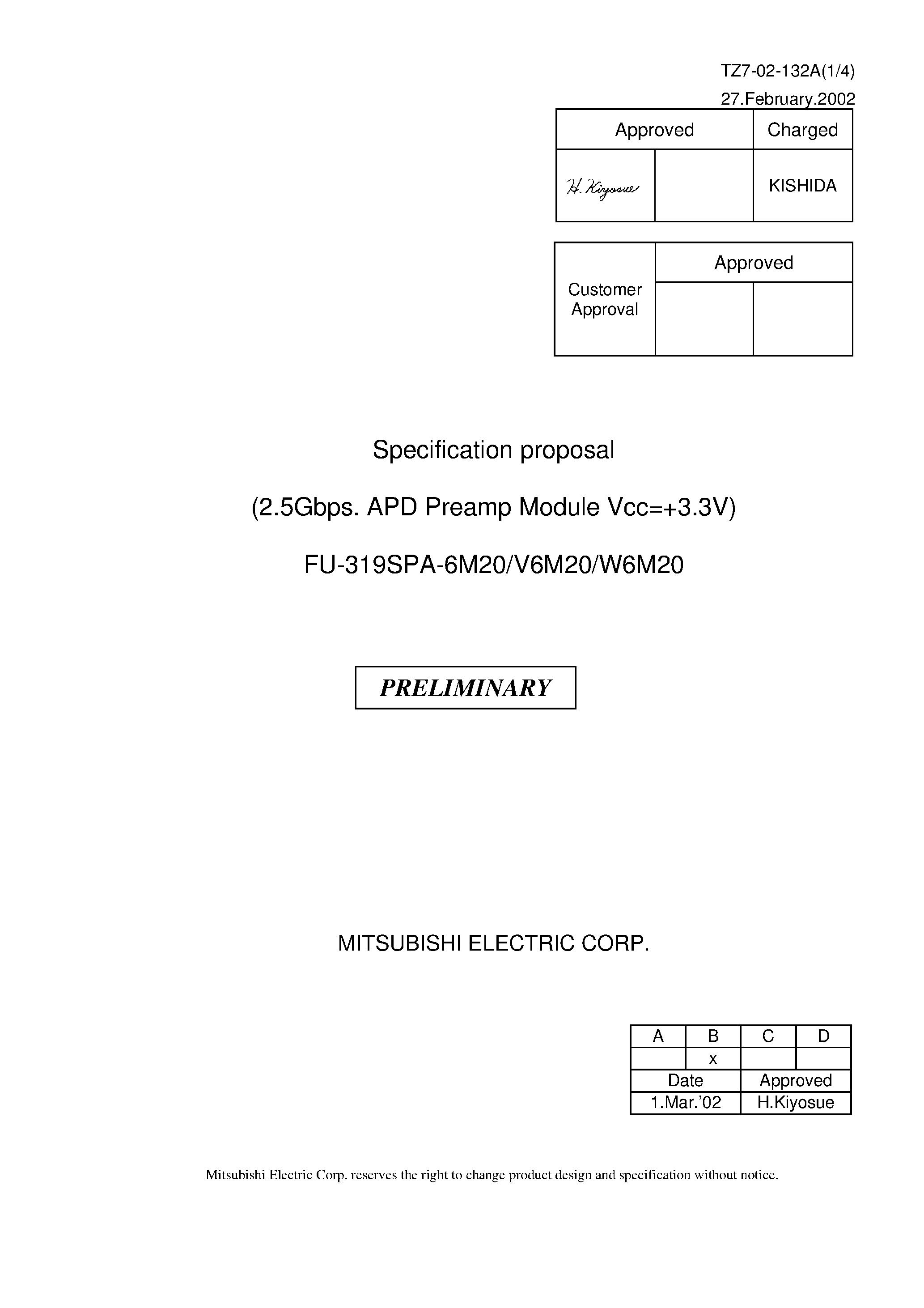 Datasheet 319SPA-X6M20 - INGAAS APD PREAMP MODULE FOR THE 1.31 UM AND 1.55 UM WAVELENGTH RANGE page 1