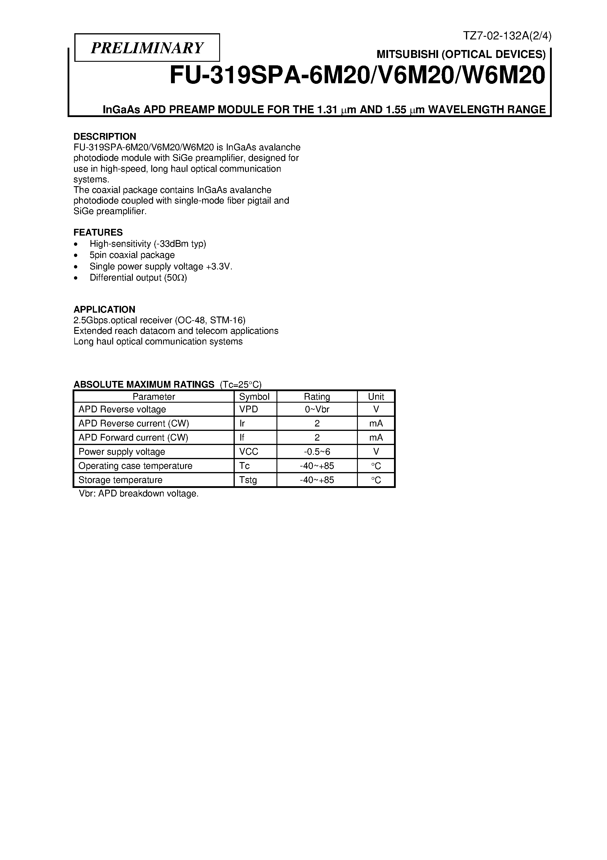 Datasheet 319SPA-X6M20 - INGAAS APD PREAMP MODULE FOR THE 1.31 UM AND 1.55 UM WAVELENGTH RANGE page 2