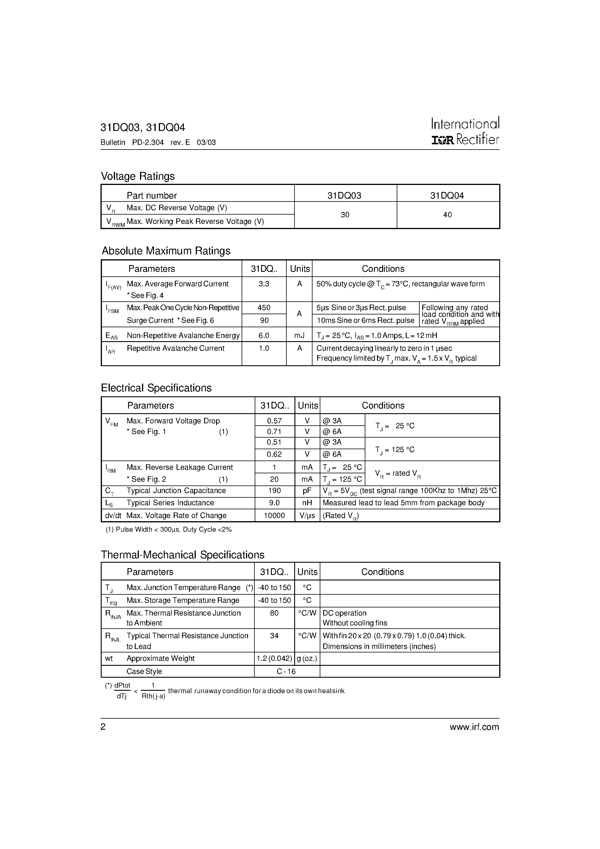 Datasheet 31DQ03TR page 2 Datasheet 31DQ03TR - SCHOTTKY RECTIFIER page 2