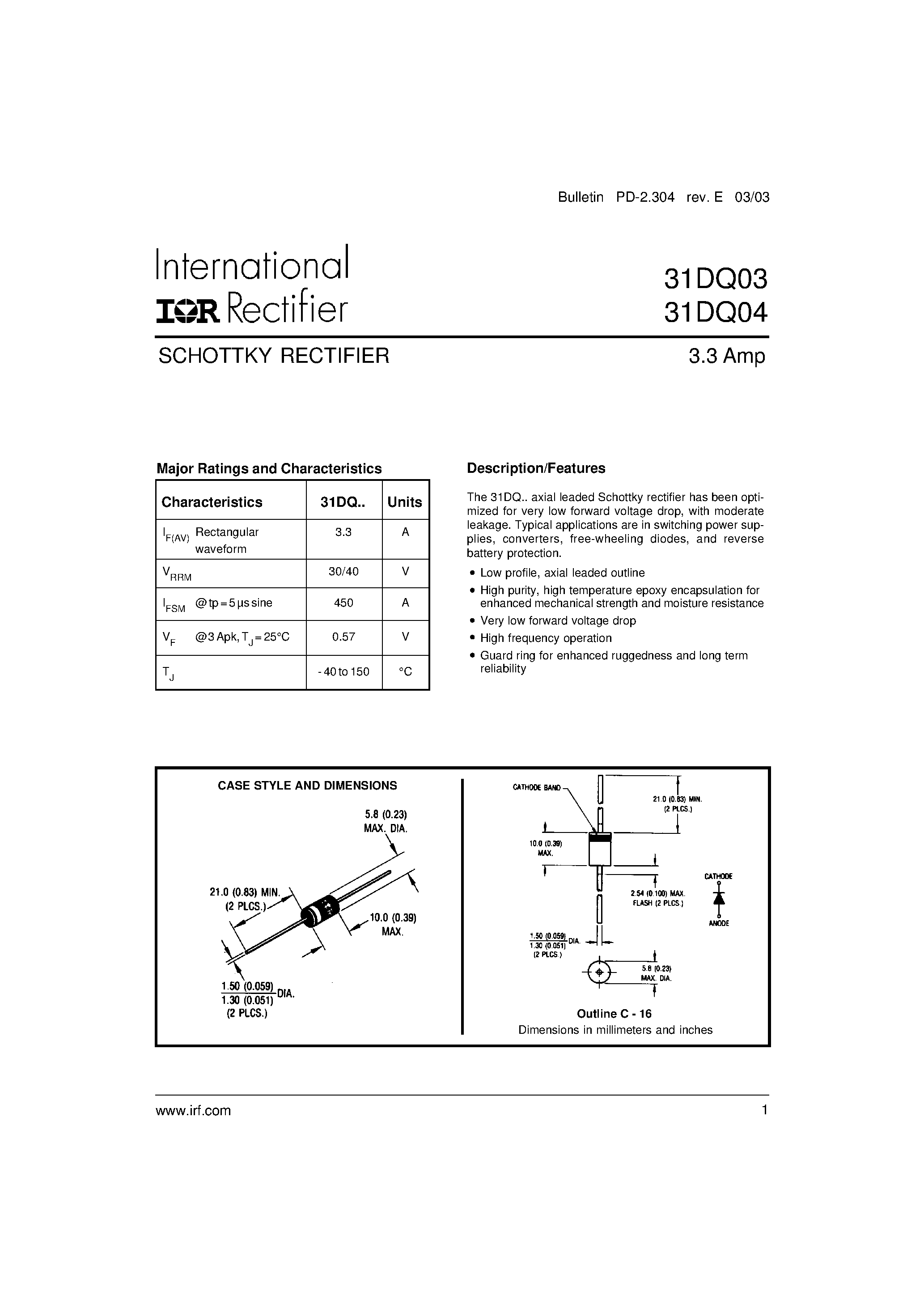 Datasheet 31DQ04 - SCHOTTKY RECTIFIER page 1
