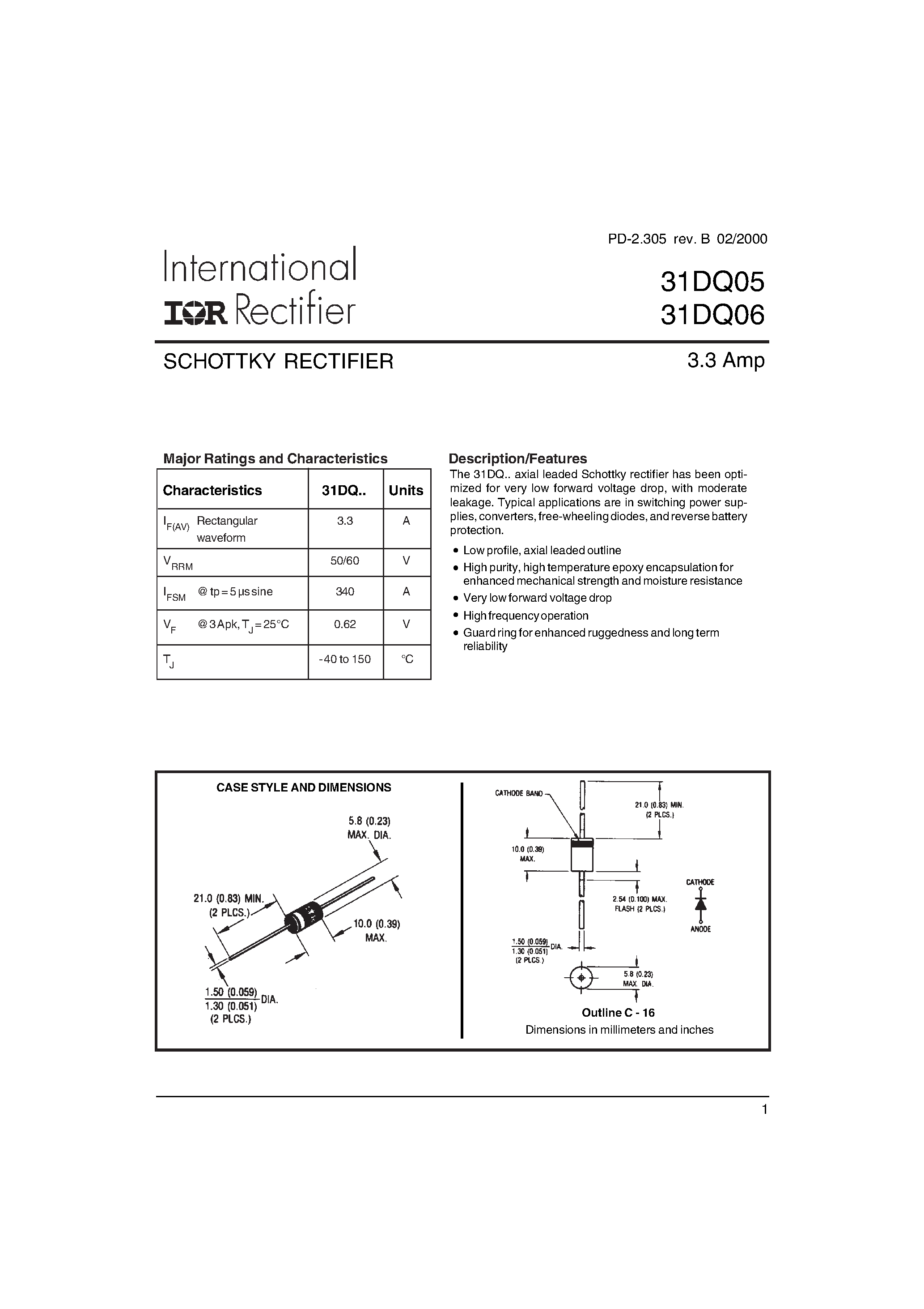Datasheet 31DQ06 - SCHOTTKY RECTIFIER page 1