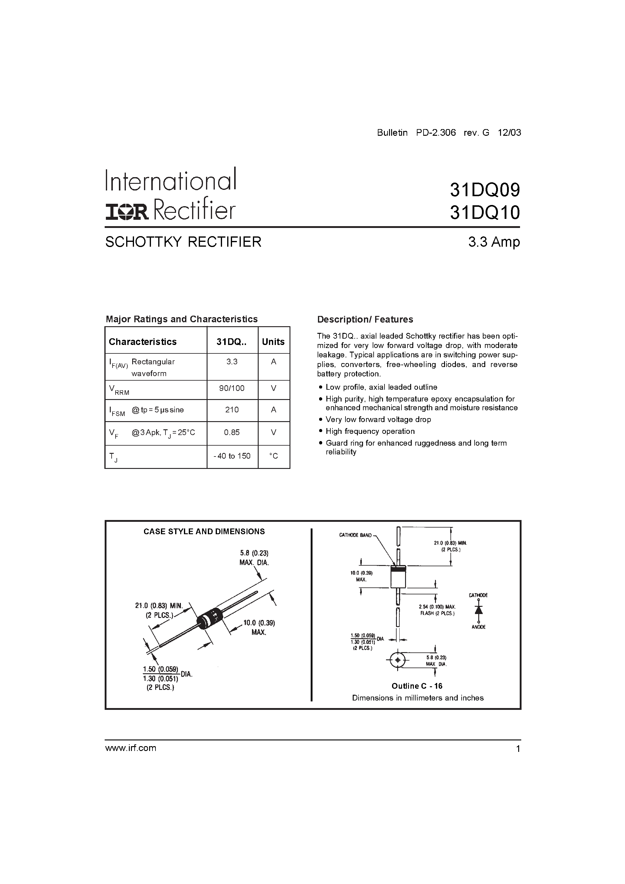 Datasheet 31DQ09TR page 1 Datasheet 31DQ09TR - SCHOTTKY RECTIFIER page 1