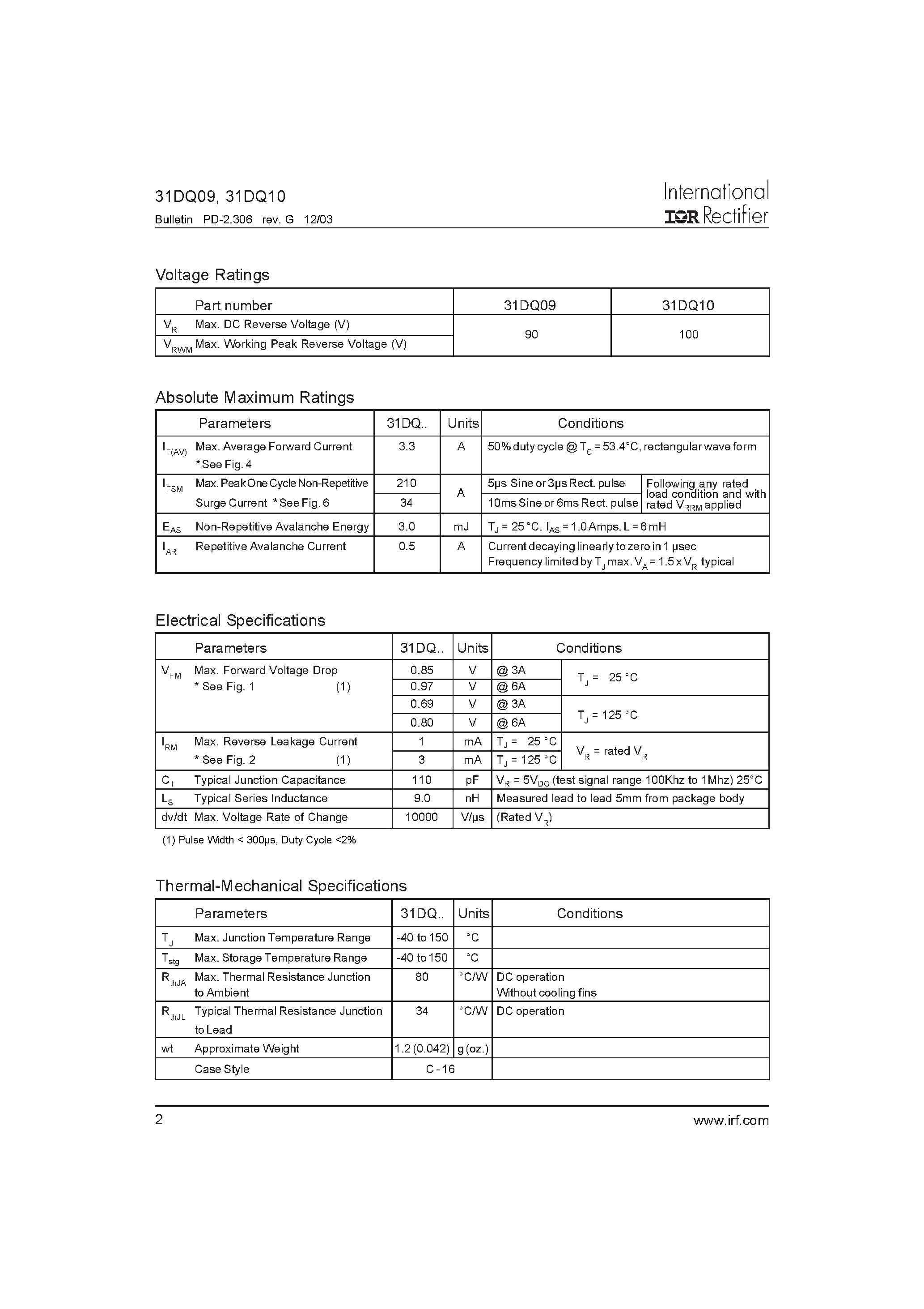 Datasheet 31DQ09TR page 2 Datasheet 31DQ09TR - SCHOTTKY RECTIFIER page 2