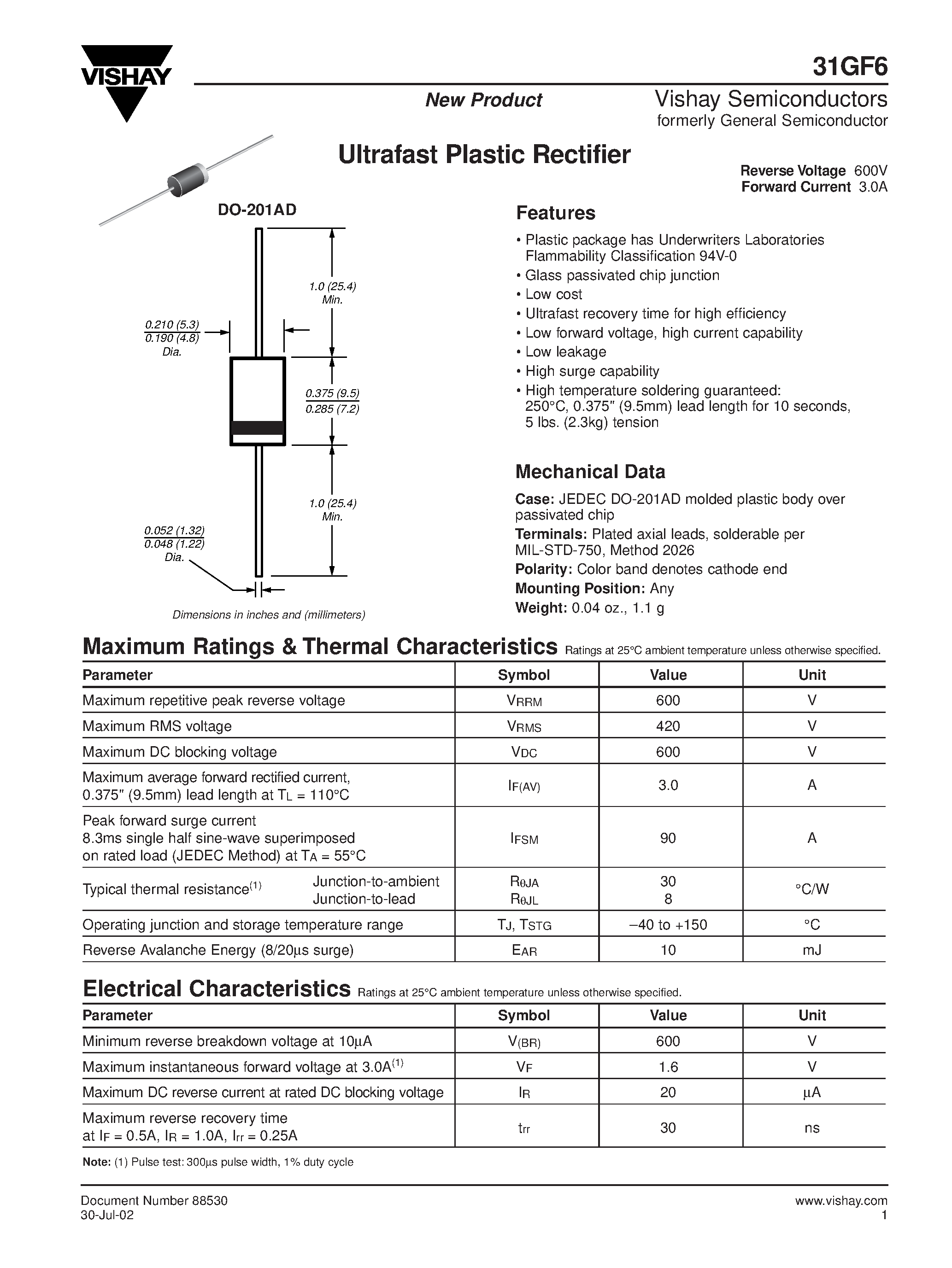 Datasheet 31GF6 - Ultrafast Plastic Rectifier page 1