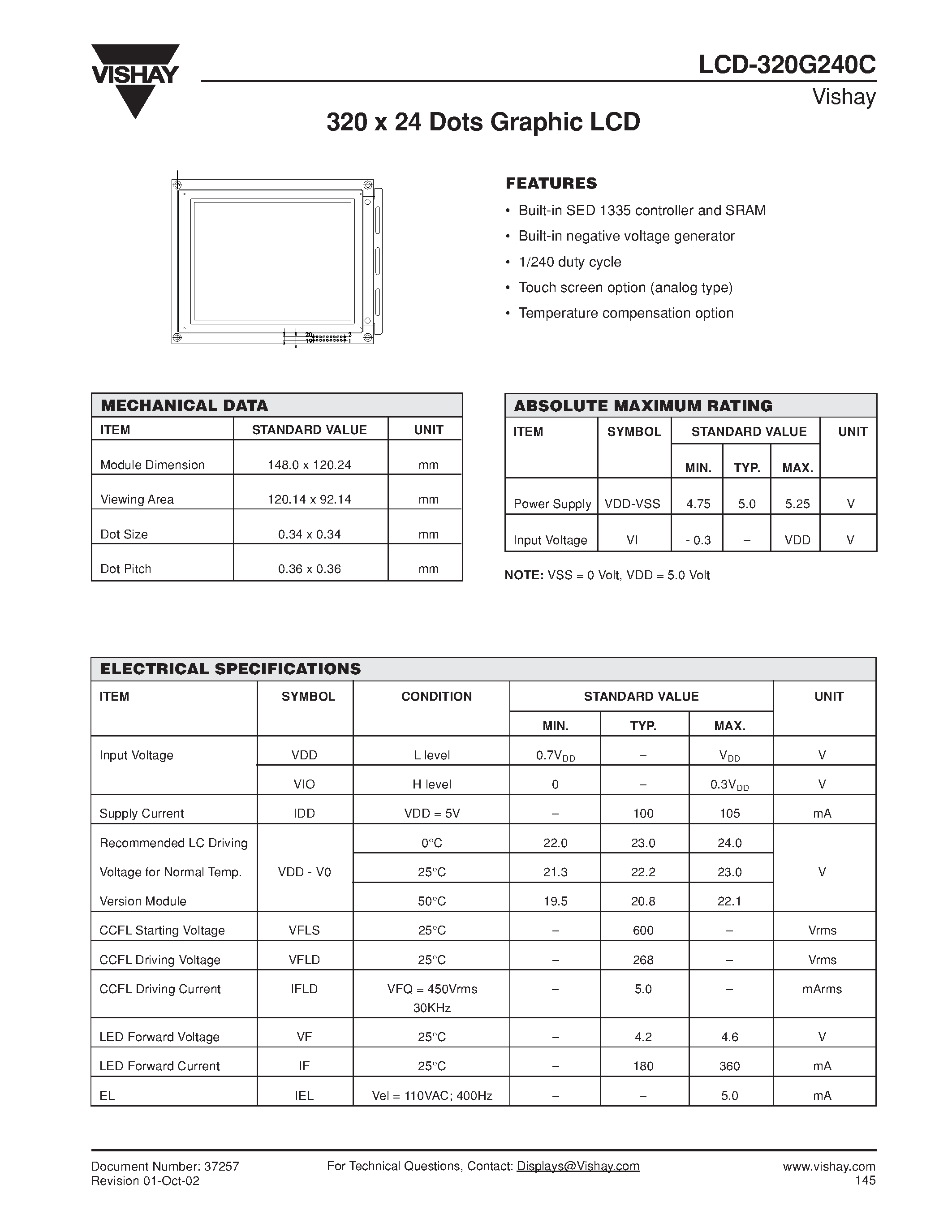Datasheet 320G240C - 320 x 24 Dots Graphic LCD page 1