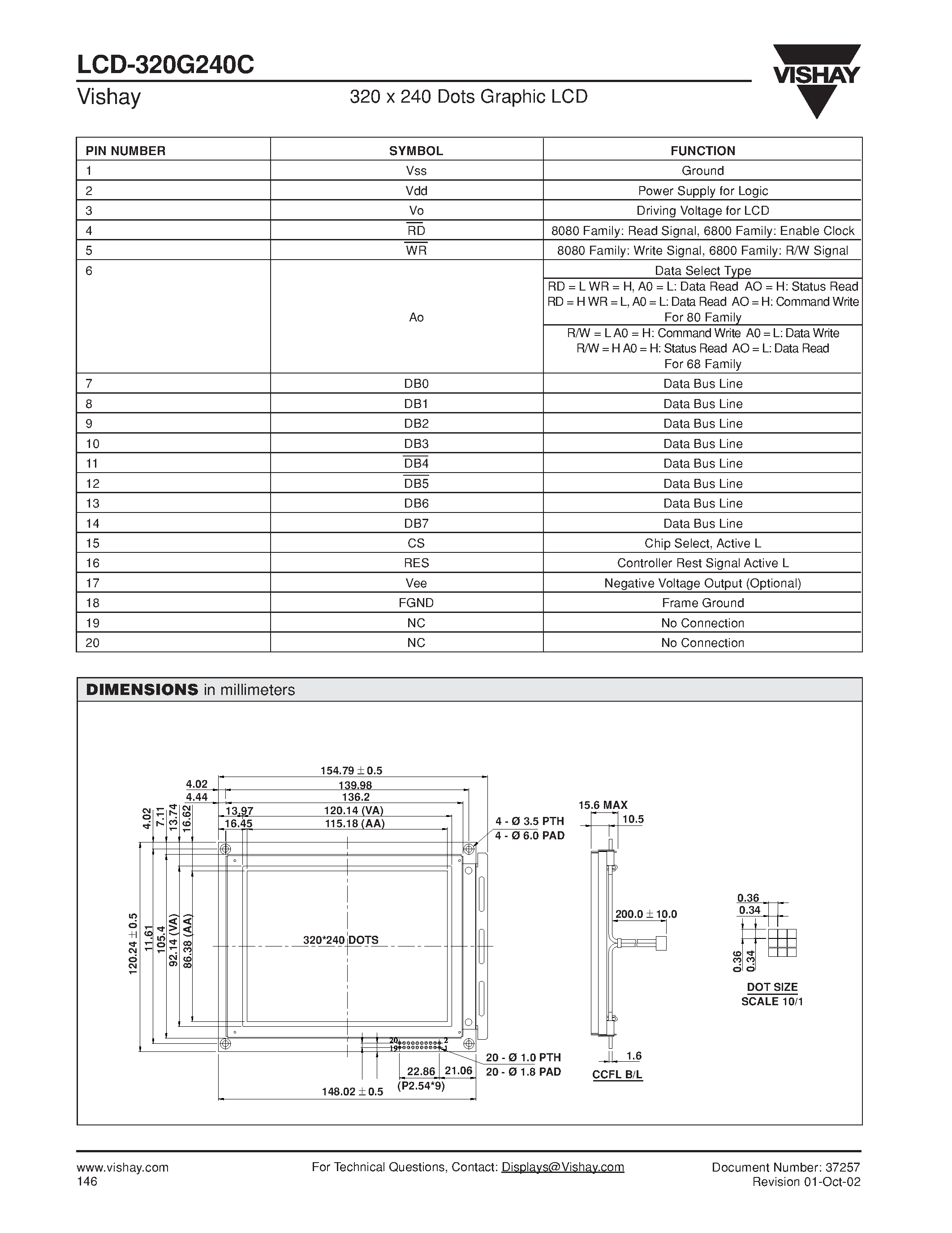 Datasheet 320G240C - 320 x 24 Dots Graphic LCD page 2
