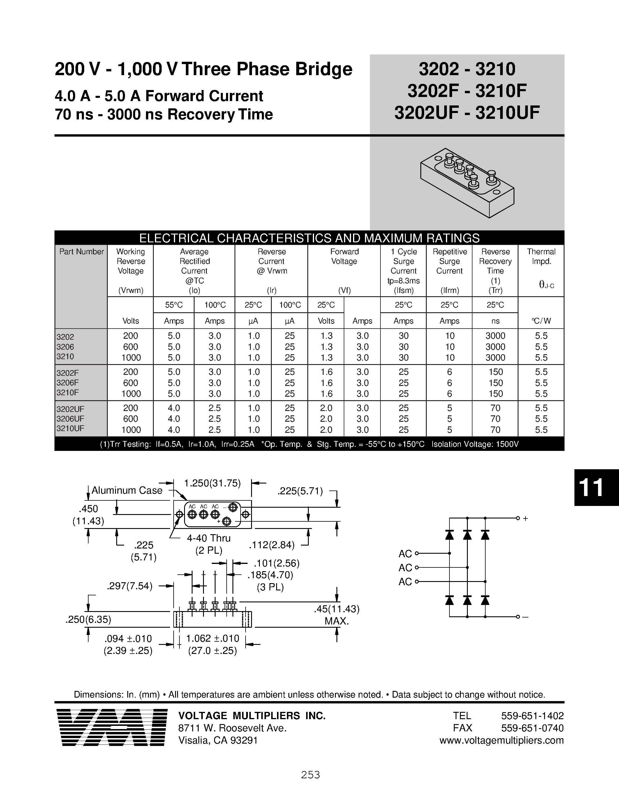 Даташит 3210UF - 200 V - 1/000 V Three Phase Bridge страница 1
