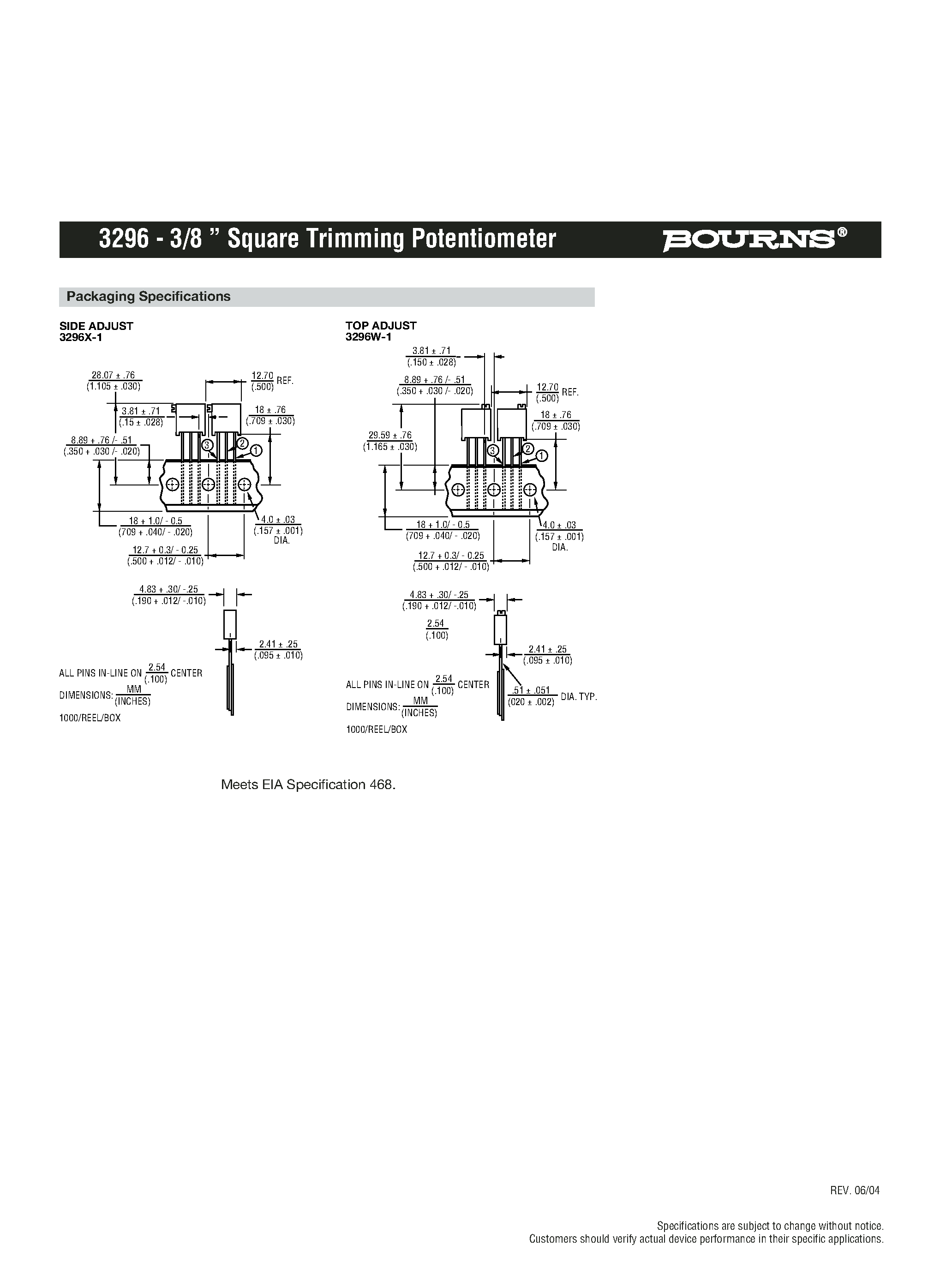 Datasheet 3296W-1-500ALF page 2 Datasheet 3296W-1-500ALF - 3296 - 3/8 Square Trimming Potentiometer - Bourns page 2