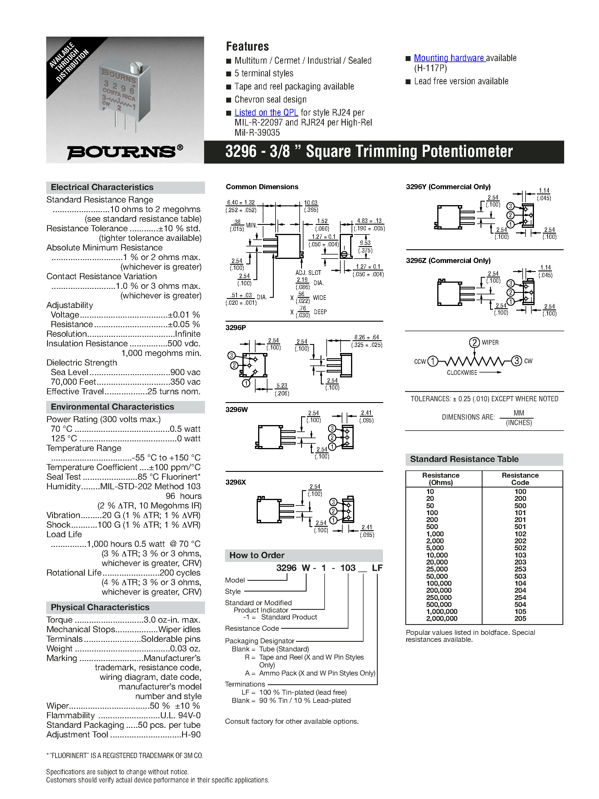Datasheet 3296X-1-105RLF - 3296 - 3/8 Square Trimming Potentiometer - Bourns page 1